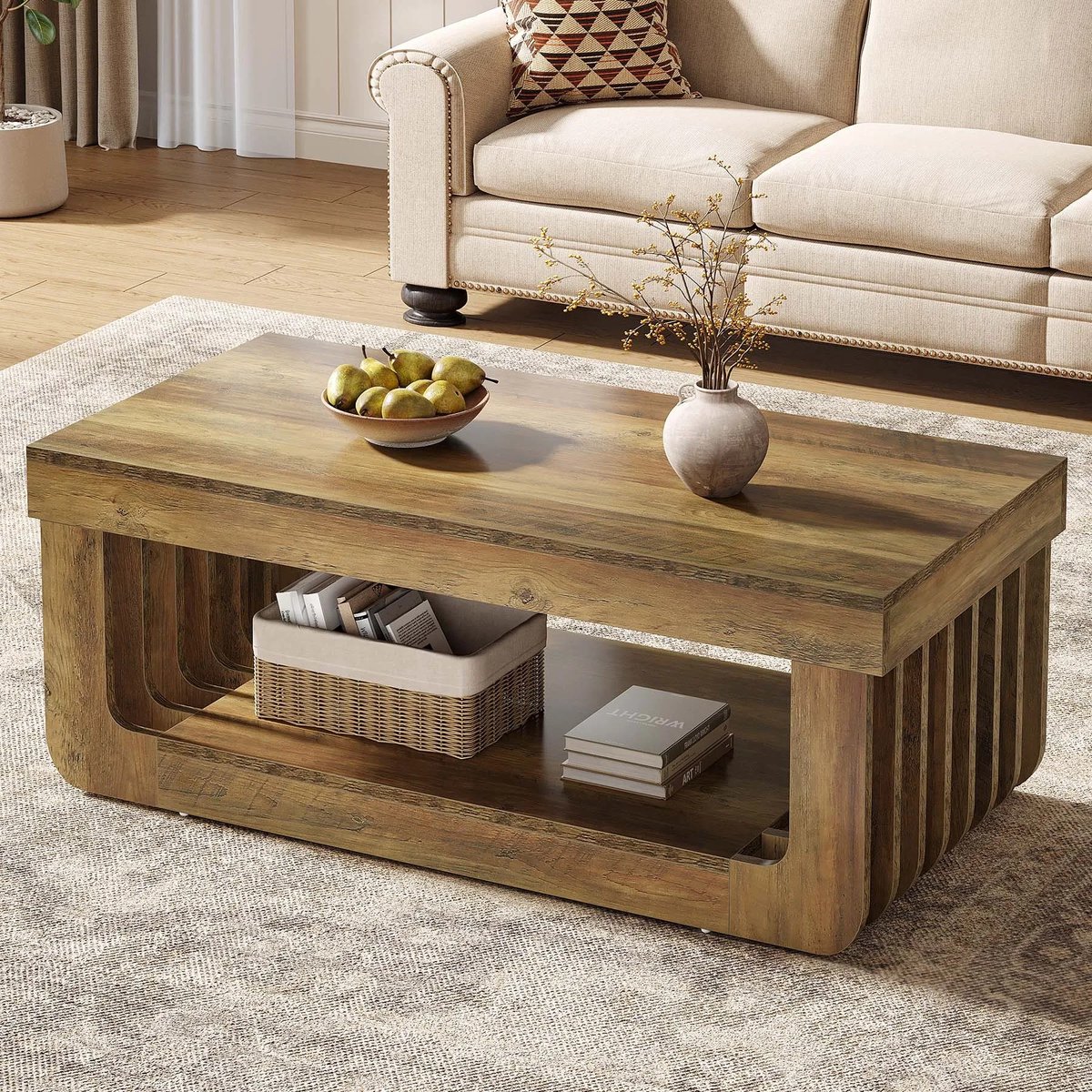 Archi Salontafel – Bijzettafel - Rechthoekige Woonkamertafel – 2 Niveaus – Open Opbergplank – Houtlook – 120 × 60 × 45 cm