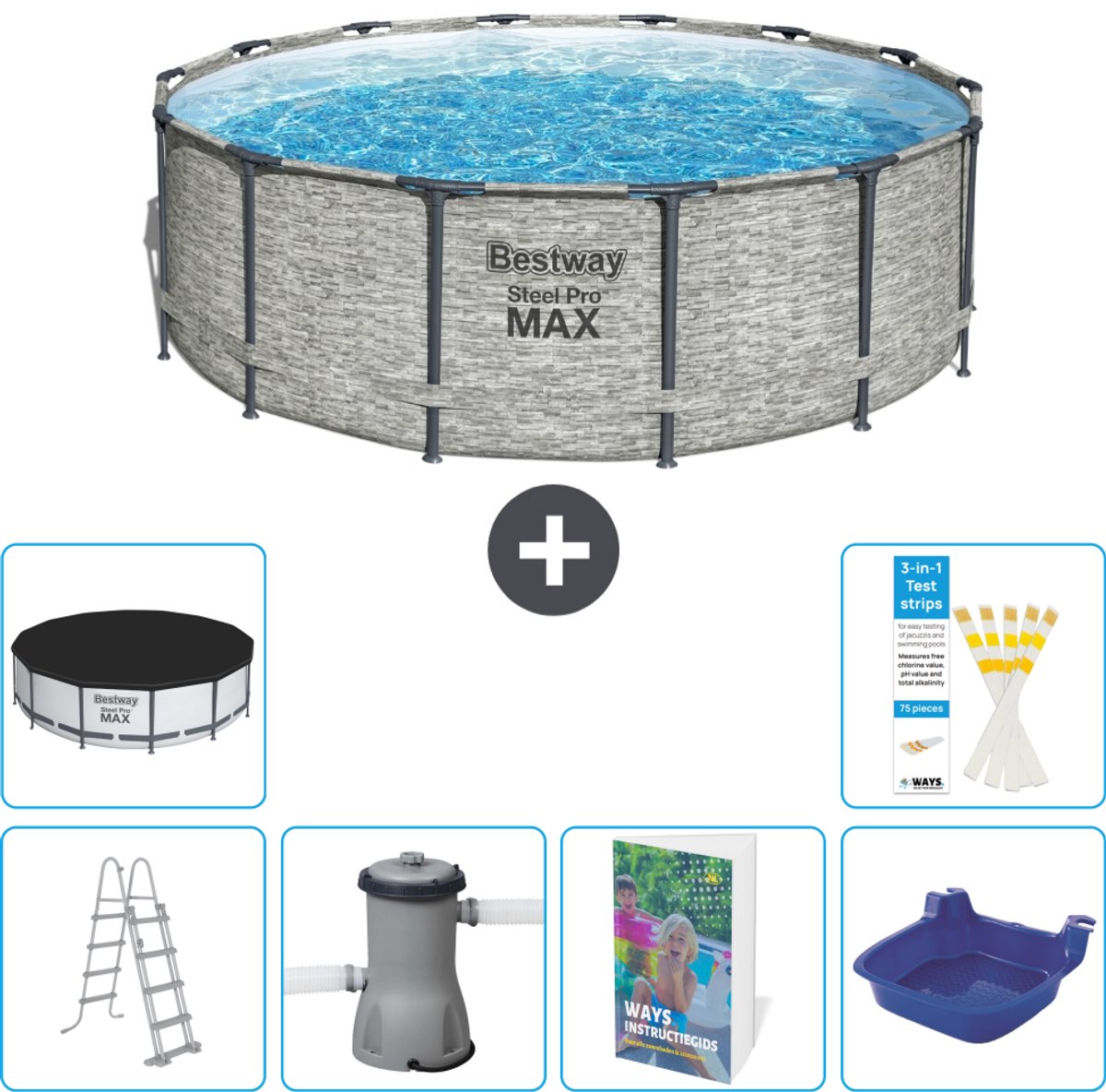 Bestway Rond Steel Pro MAX Zwembad - Steenprint - 427 x 122 cm - Inclusief Pomp - Ladder - Afdekzeil - Voetenbad - 7-delig