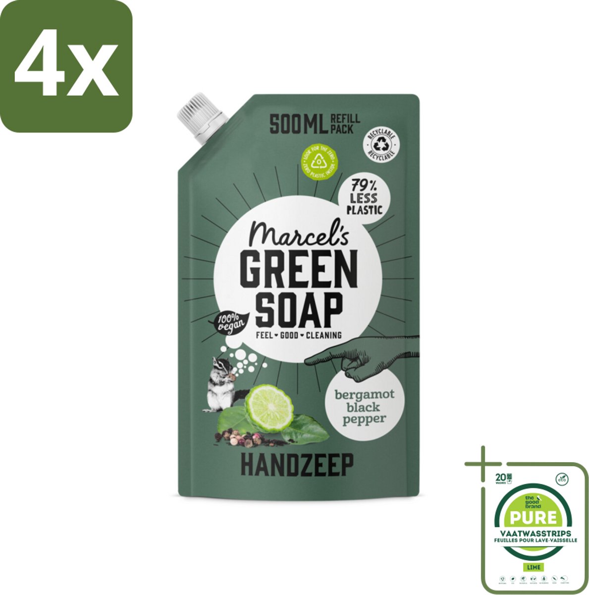 Marcel's Green Soap - Handzeep - Bergamot & Black Pepper - Natuurlijke verzorging - 500 ml - Voordeelverpakking - 4 stuks - Handzeep navulling - Biologische handzeep