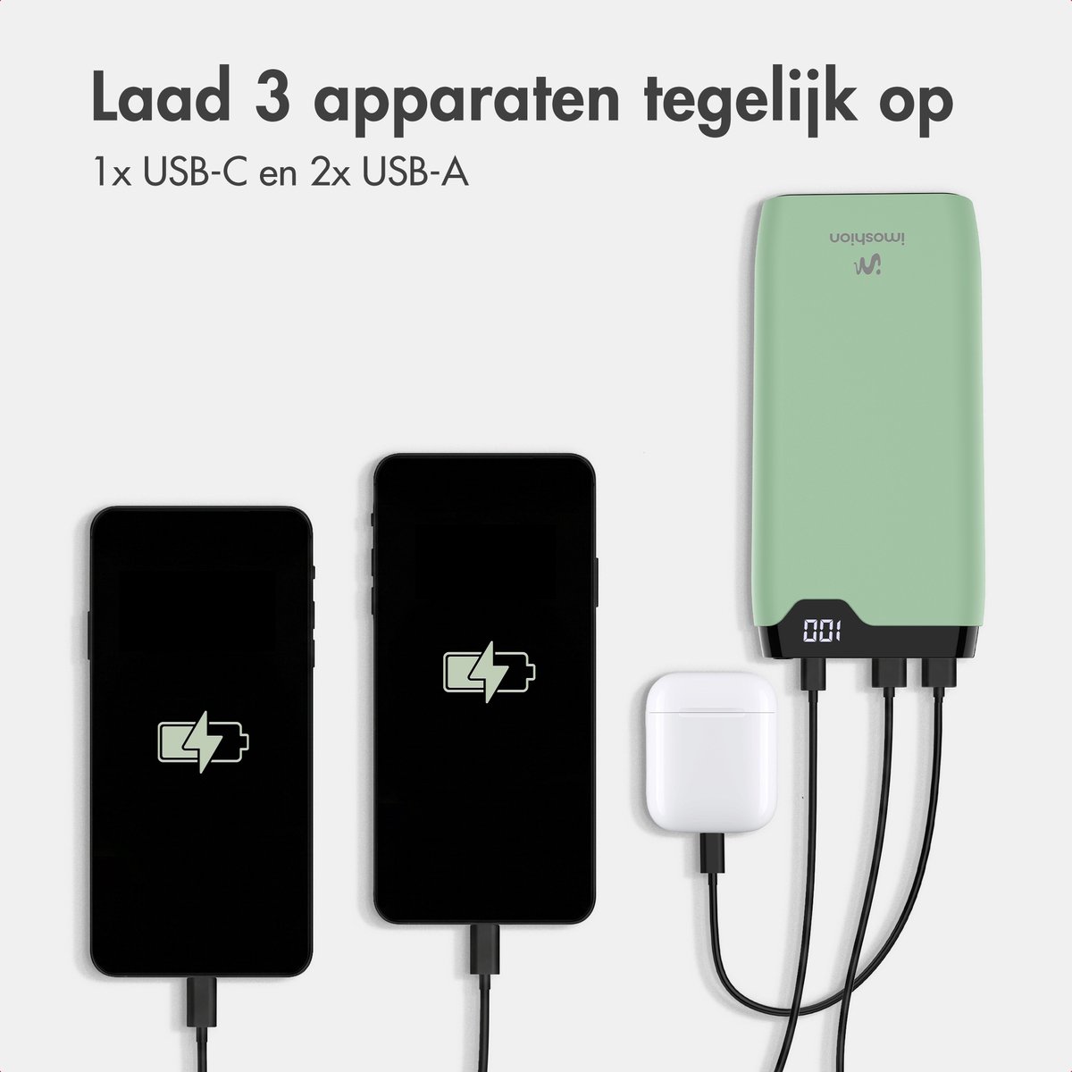 imoshion® Powerbank 20000 mAh - 22.5W Snellader - USB C / USB A - LED Display - Powerbanks - Universeel - Noodpakket - Groen — cadeau in Telefoon & Tablet - foto 6