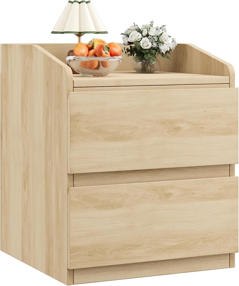 Modern Natuurlijke Nachtkastje met 2 Laden - Greepvrij Bedside Table - Bijzettafel Slaapkamer met Opstaande Randen - Stevige Opbergkast - Hoogwaardig MDF - Natuurlijke