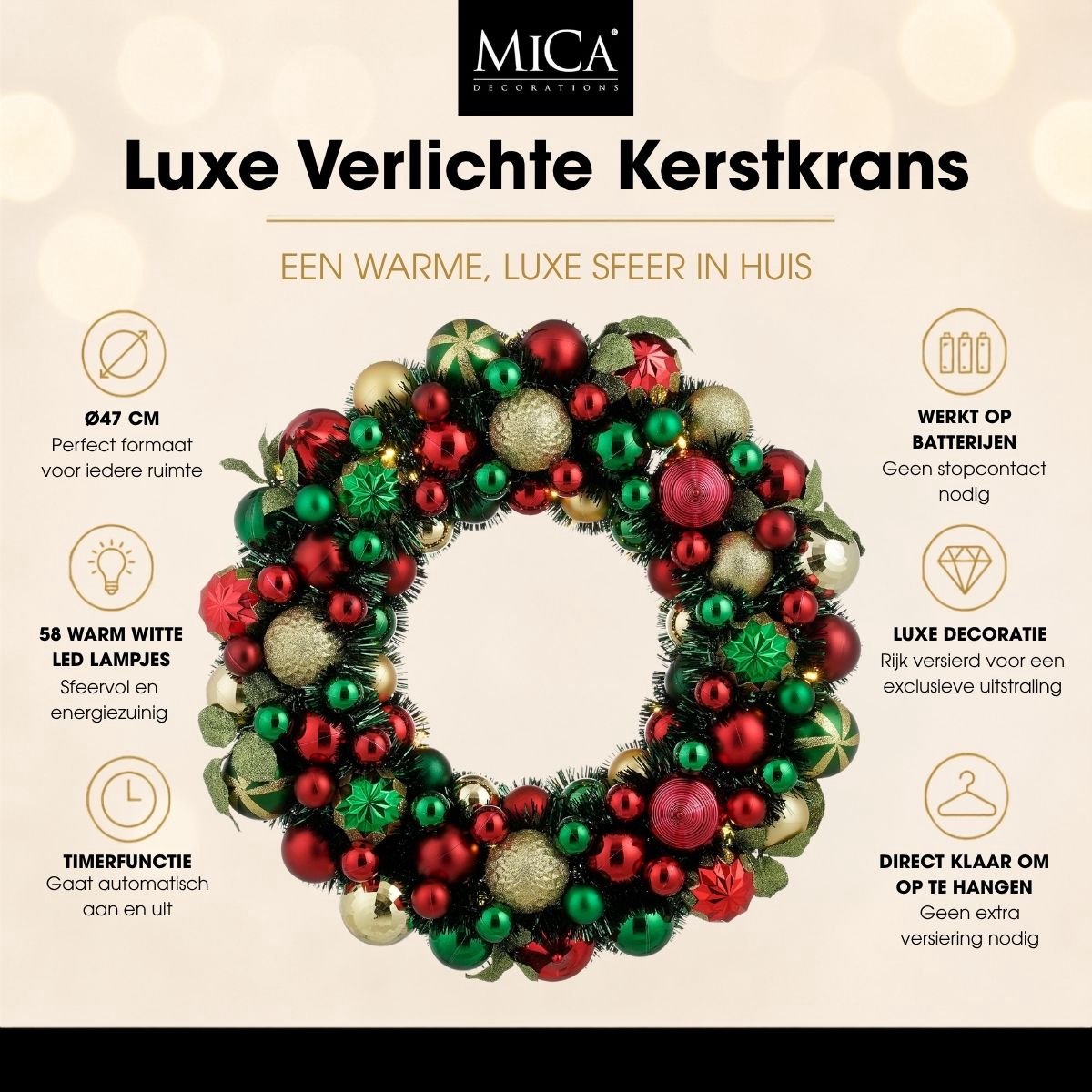 Mica Decorations Kerstkrans met Verlichting - Deurkrans H8,5 x Ø47 cm - Kerst Krans met Timer en Kerstballen - Multifunctionele Kerstversiering - Goud, Groen en Rood – foto 2