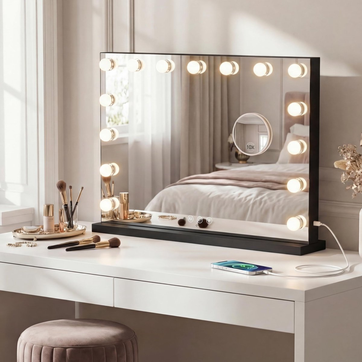 SnelShoppen - Bayt Hollywood Spiegel - Make Up Spiegel met Dimbare Verlichting - 10x Vergroting - Zwart - Perfect voor Feesten en Dagelijks Gebruik