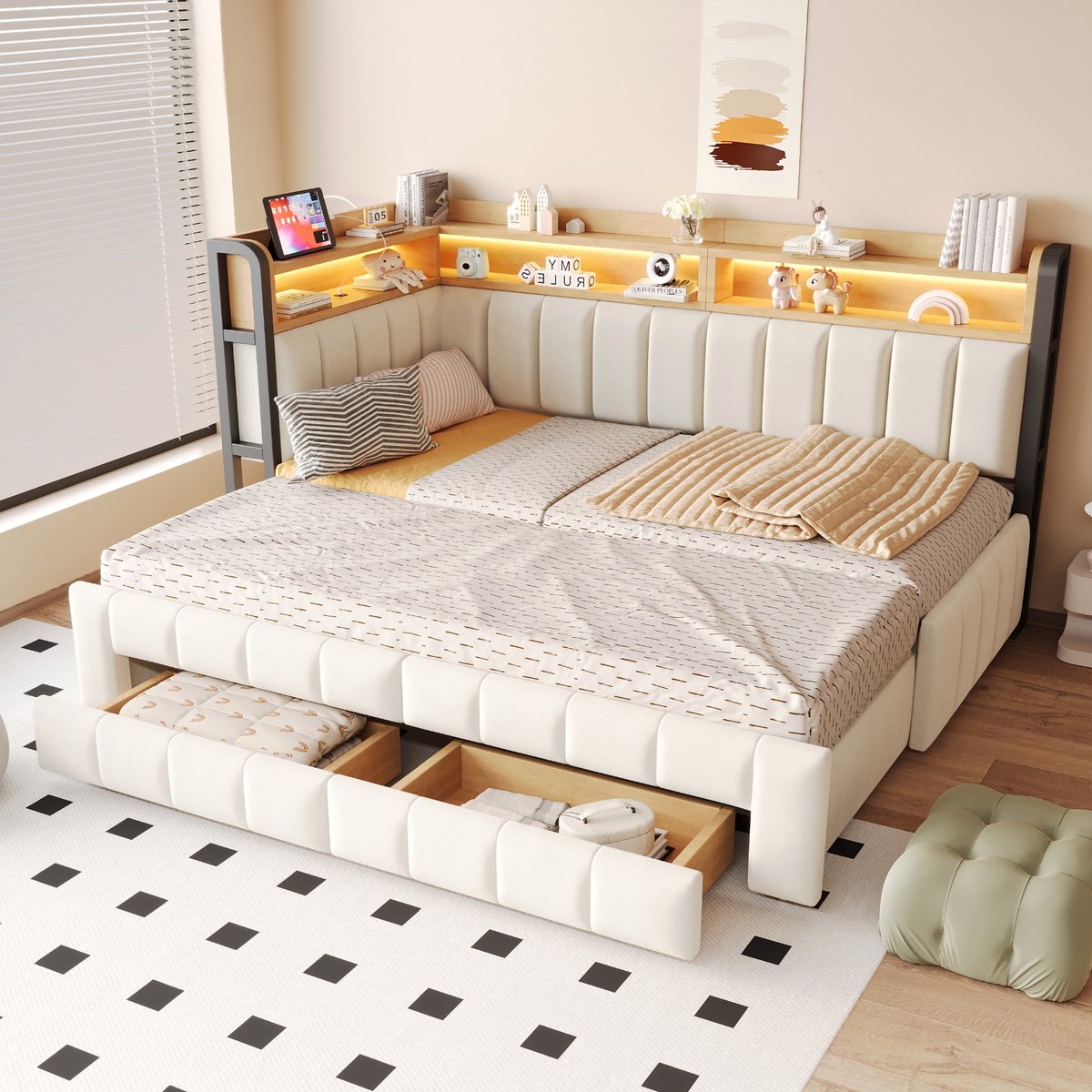 Sweiko Gestoffeerd bed - 90/180 × 200 cm - Met uitschuifbaar bed - 2 lades - Opbergrek - LED-verlichting - Oplaadpoorten - Fluweel - Beige