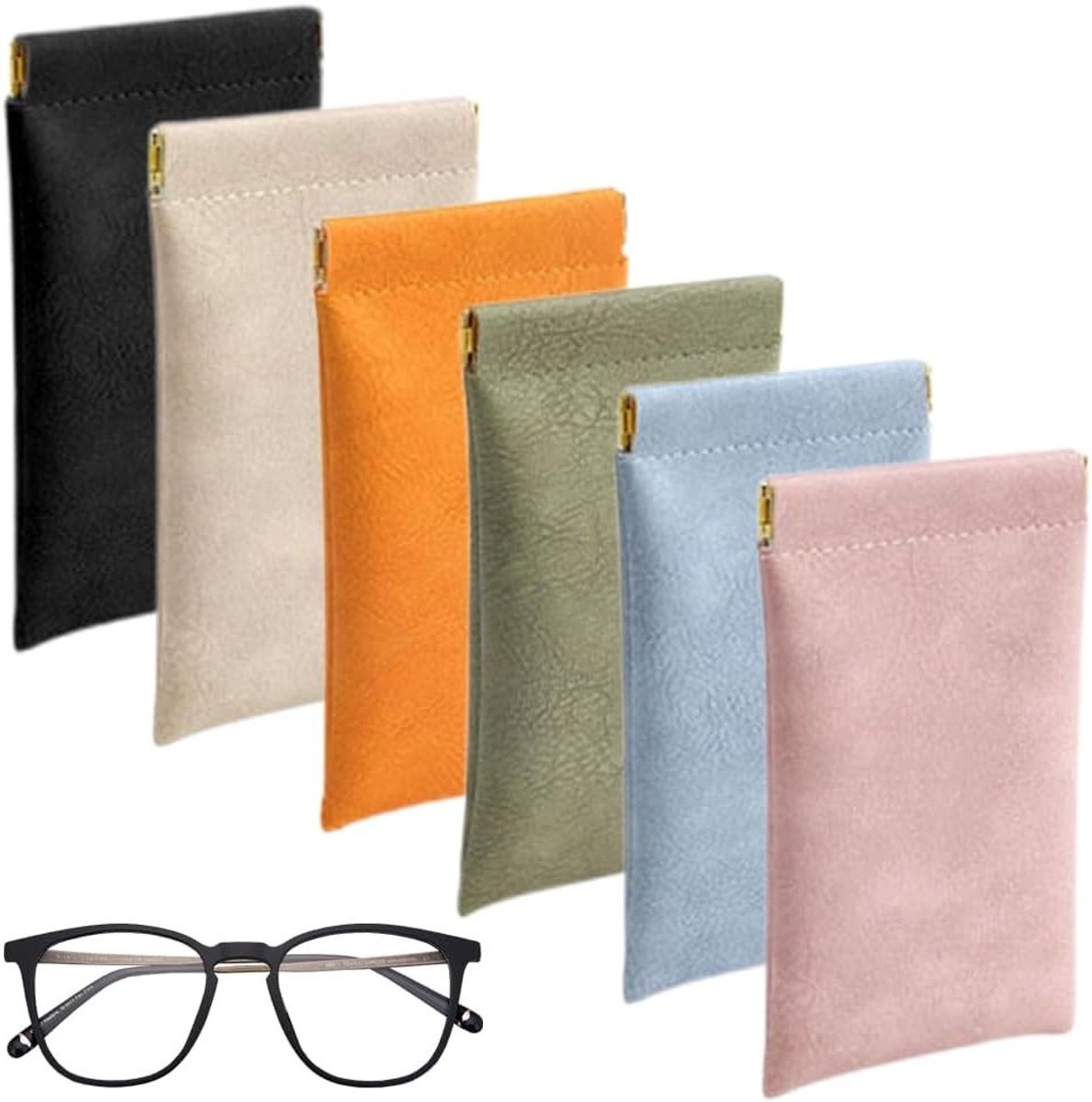 SnelShoppen - 6 Soft Brilhoezen, Draagbare Leren Etui voor Zonnebrillen, Bescherming en Opslag, Universale Maat, Geschikt voor Mannen en Vrouwen