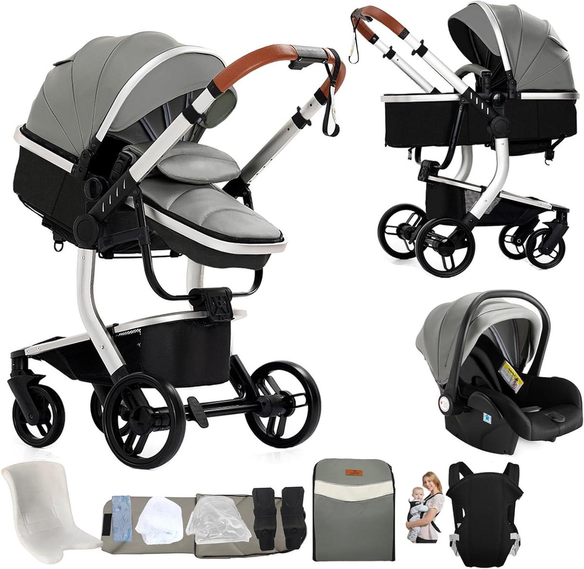 Baby Pushchair 3-in-1 - Kinderwagen Reiswieg - Comfortabel Reizen - Omkeerbare Duwstang - ca. 82 cm - Grijs