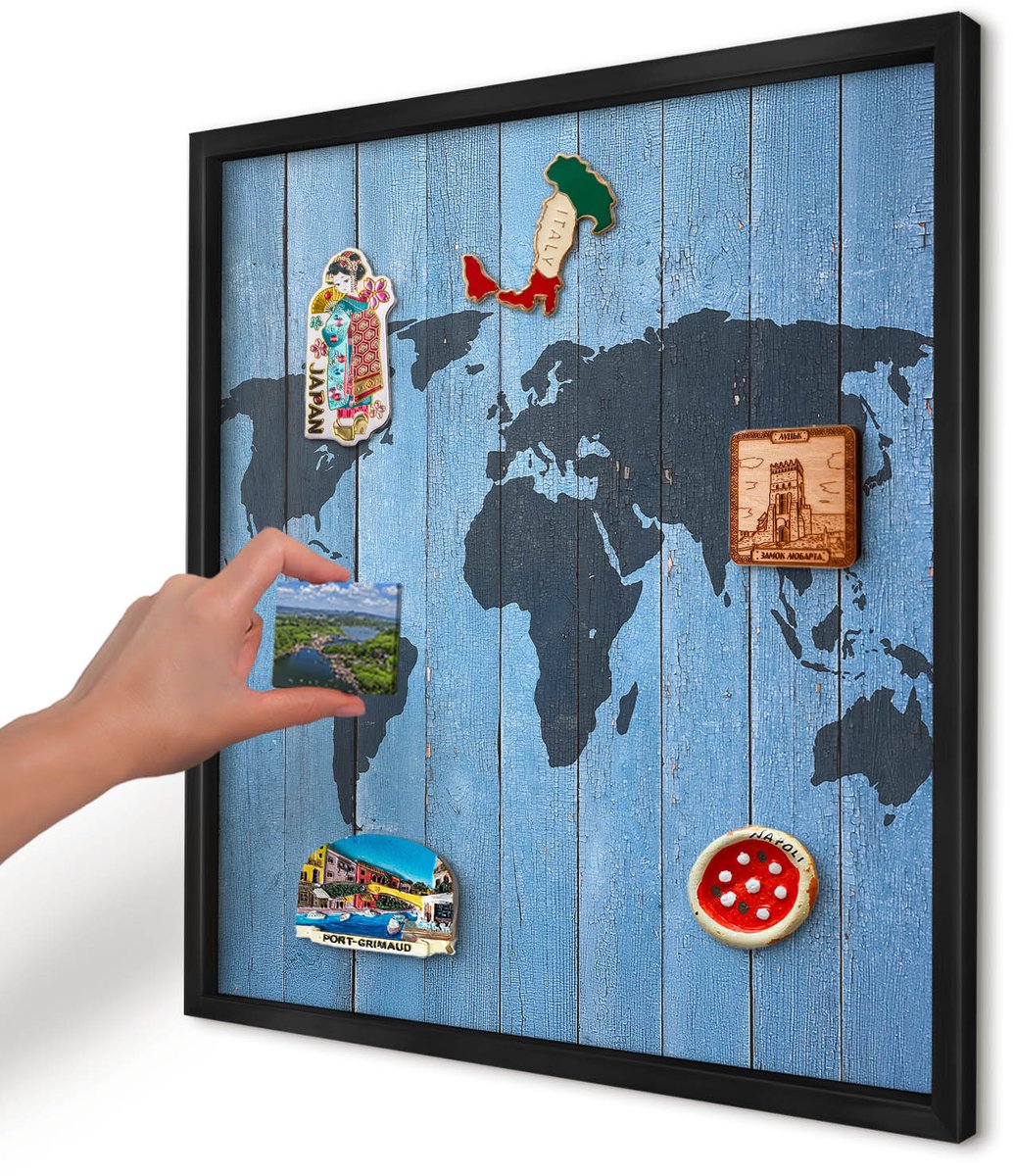Artprintcave Blauw Magneetbord mit Zwart Frame - 50x50 cm - Wereldkaart Notitiebord - Rustiek Memobord Keuken - Kaarten