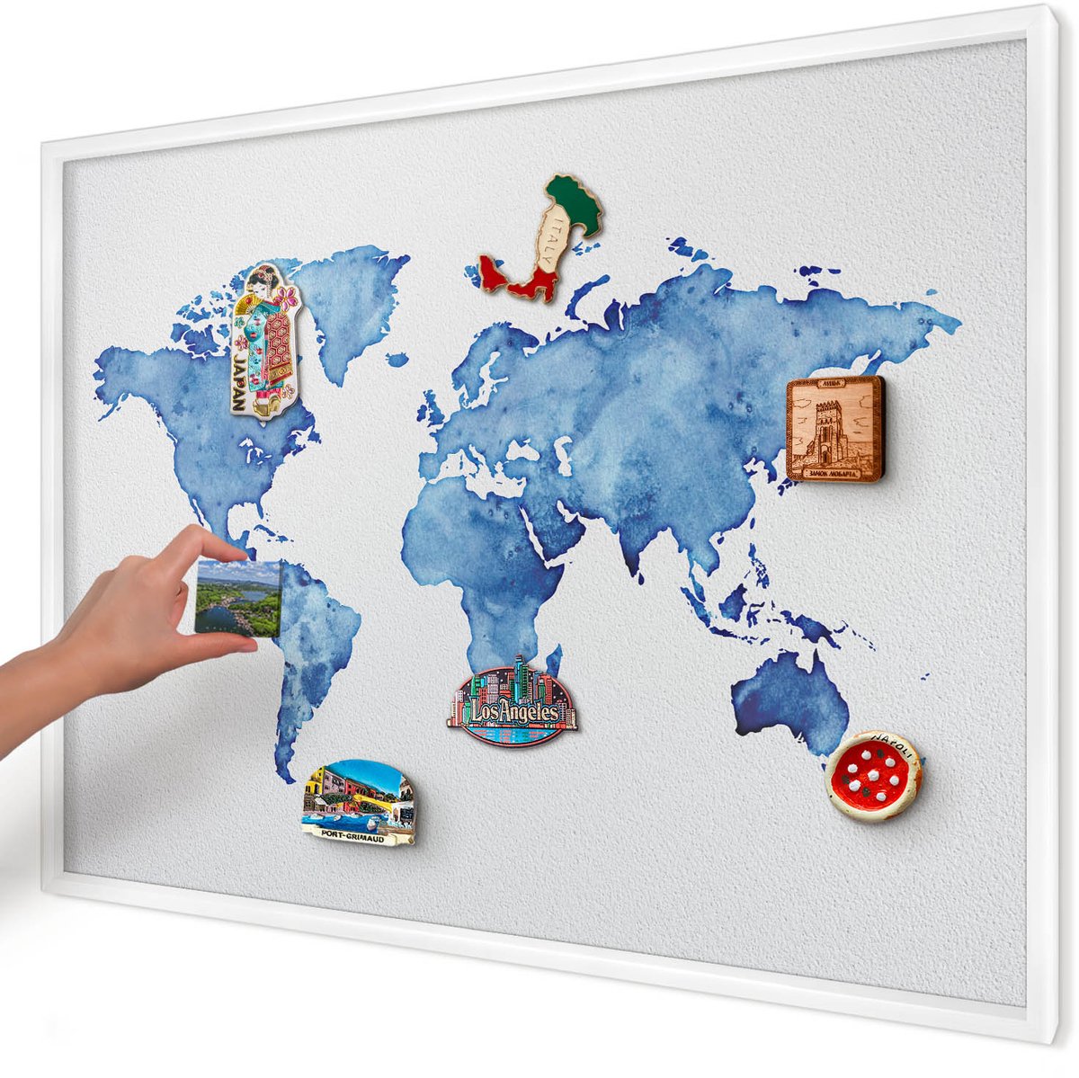 Artprintcave Blauw Magneetbord mit Witte Lijst - 100x70 cm - Aquarelkaart Wandbord Magnetisch - Waterverf Memobord Keuken - Kaarten