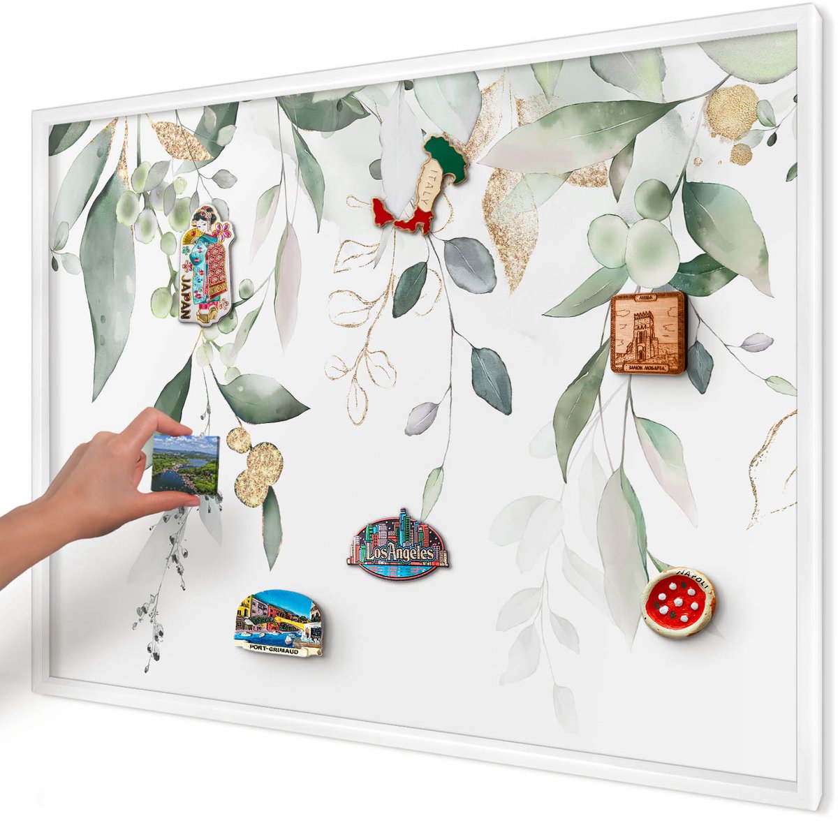 Artprintcave Groente Magneetbord mit Witte Lijst - 100x70 cm - Groene Bladeren Memobord Keuken - Waterverf Magneet Bord mit Frame - Bloemen En Planten