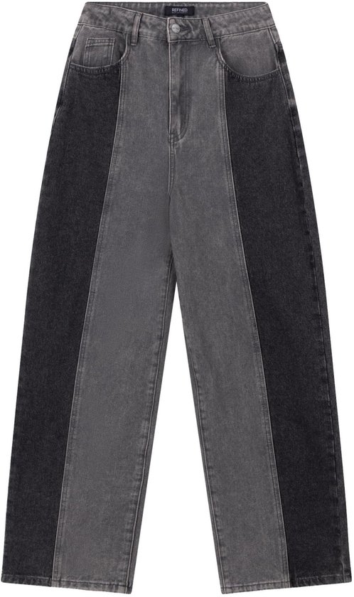 Wijde jeans met verticale panelen in donkergrijs, middengrijs en antraciet.