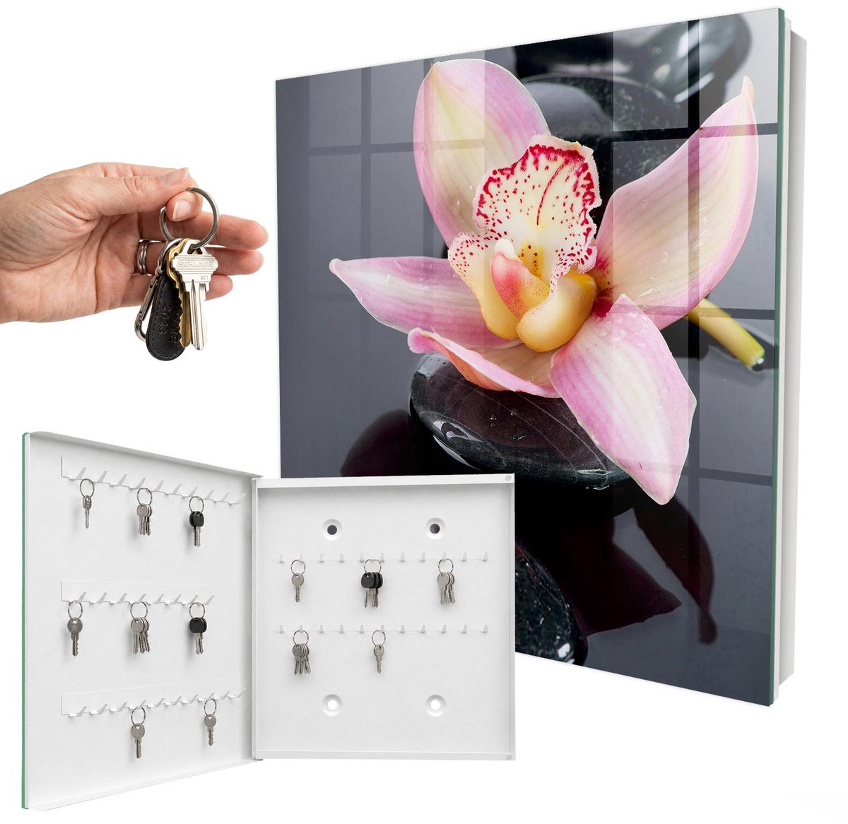 WallMuralia - Sleutelkast - 30x30x5 cm - met 50 haken - Orchideeënstenen Sleutelkastje Voor Binnen - Zwart Sleutelbox - Linksopenend - Wit interieur