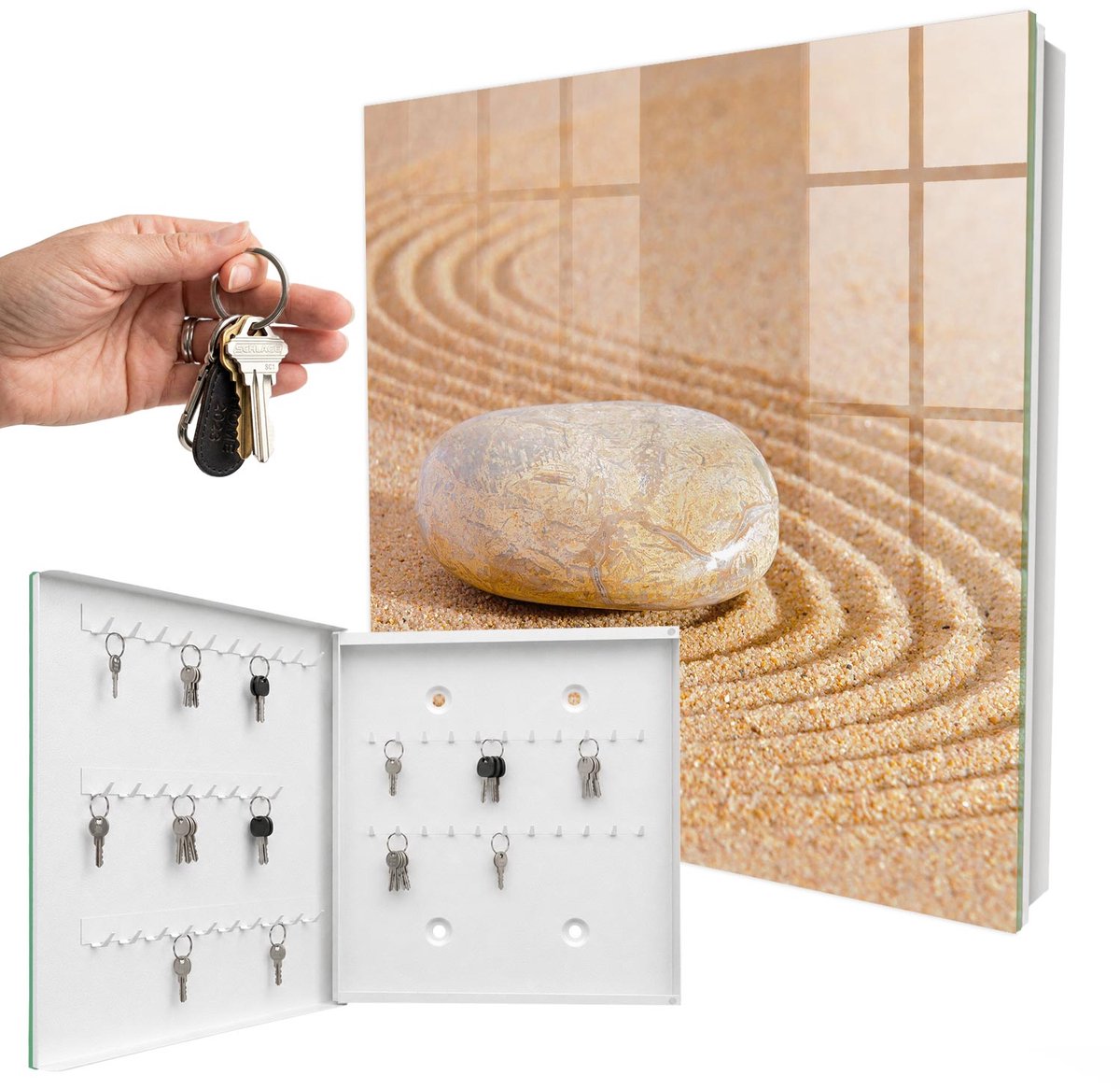 WallMuralia - Sleutelkast - 30x30x5 cm - met 50 haken - Een Steen In Het Zand Design Sleutelkastje - Beige Sleutelbox - Linksopenend - Wit interieur