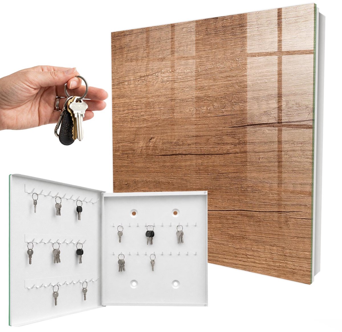 WallMuralia - Sleutelkast - 30x30x5 cm - met 50 haken - Houtstructuur Sleutelkastje Hal - Bruin Sleutelbox - Linksopenend - Wit interieur