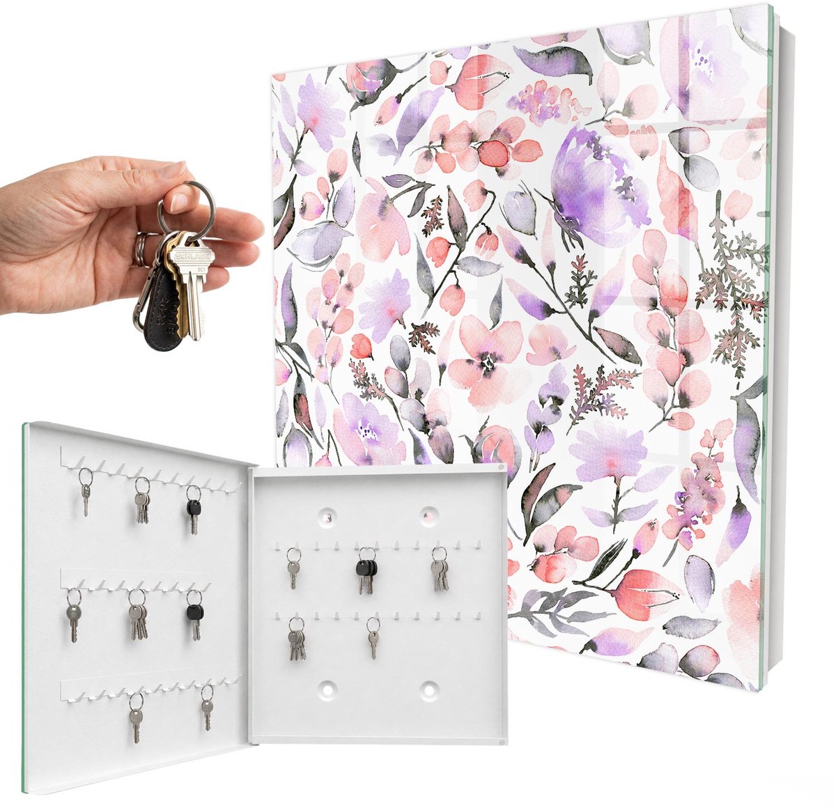 WallMuralia - Sleutelkast - 30x30x5 cm - met 50 haken - Pastelkleurige Bloemen Sleutelkastje Gang - Wit Sleutelbox - Linksopenend - Wit interieur