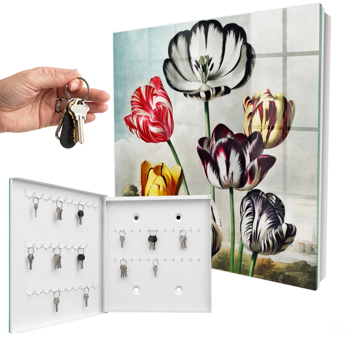 WallMuralia - Sleutelkast - 30x30x5 cm - met 50 haken - Retro Tulpen Sleutelkastje Gang - Rood Sleutelbox - Linksopenend - Wit interieur
