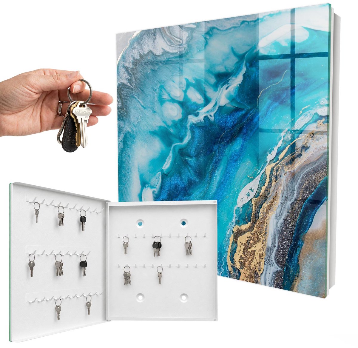 WallMuralia - Sleutelkast - 30x30x5 cm - met 50 haken - Turkooizen Patronen Sleutelkastje Huis - Turkoois Sleutelbox - Linksopenend - Wit interieur