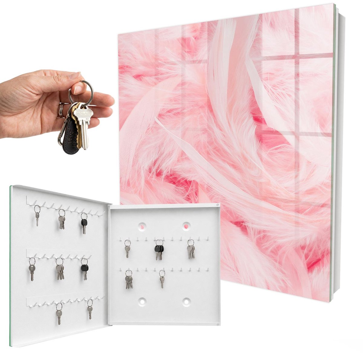 WallMuralia - Sleutelkast - 30x30x5 cm - met 50 haken - Roze Veren Sleutelkastje Voor Binnen - Roze Sleutelbox - Linksopenend - Wit interieur