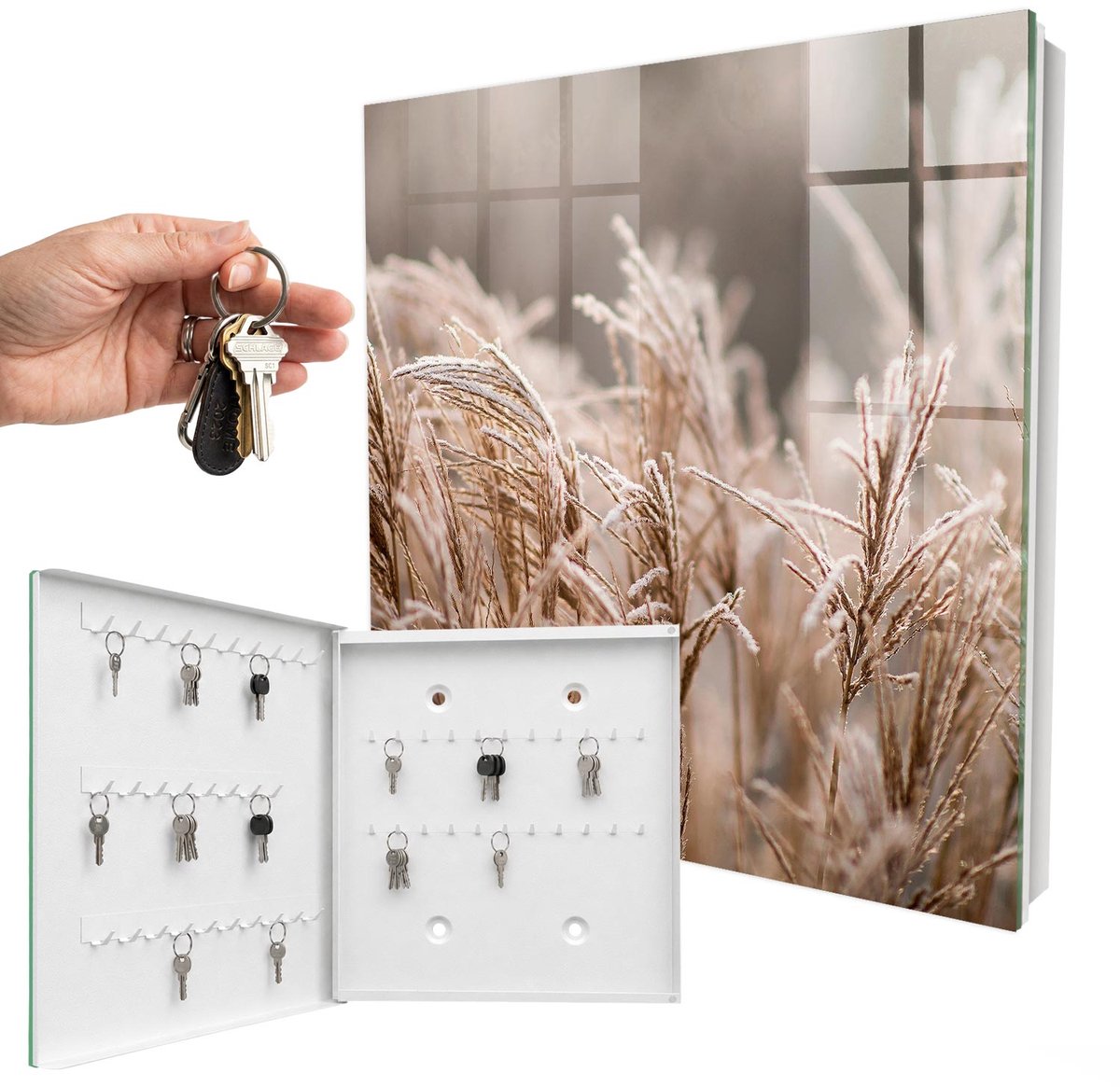 WallMuralia - Sleutelkast - 30x30x5 cm - met 50 haken - Bevroren Gras Sleutelkastje Binnen - Beige Sleutelbox - Linksopenend - Wit interieur