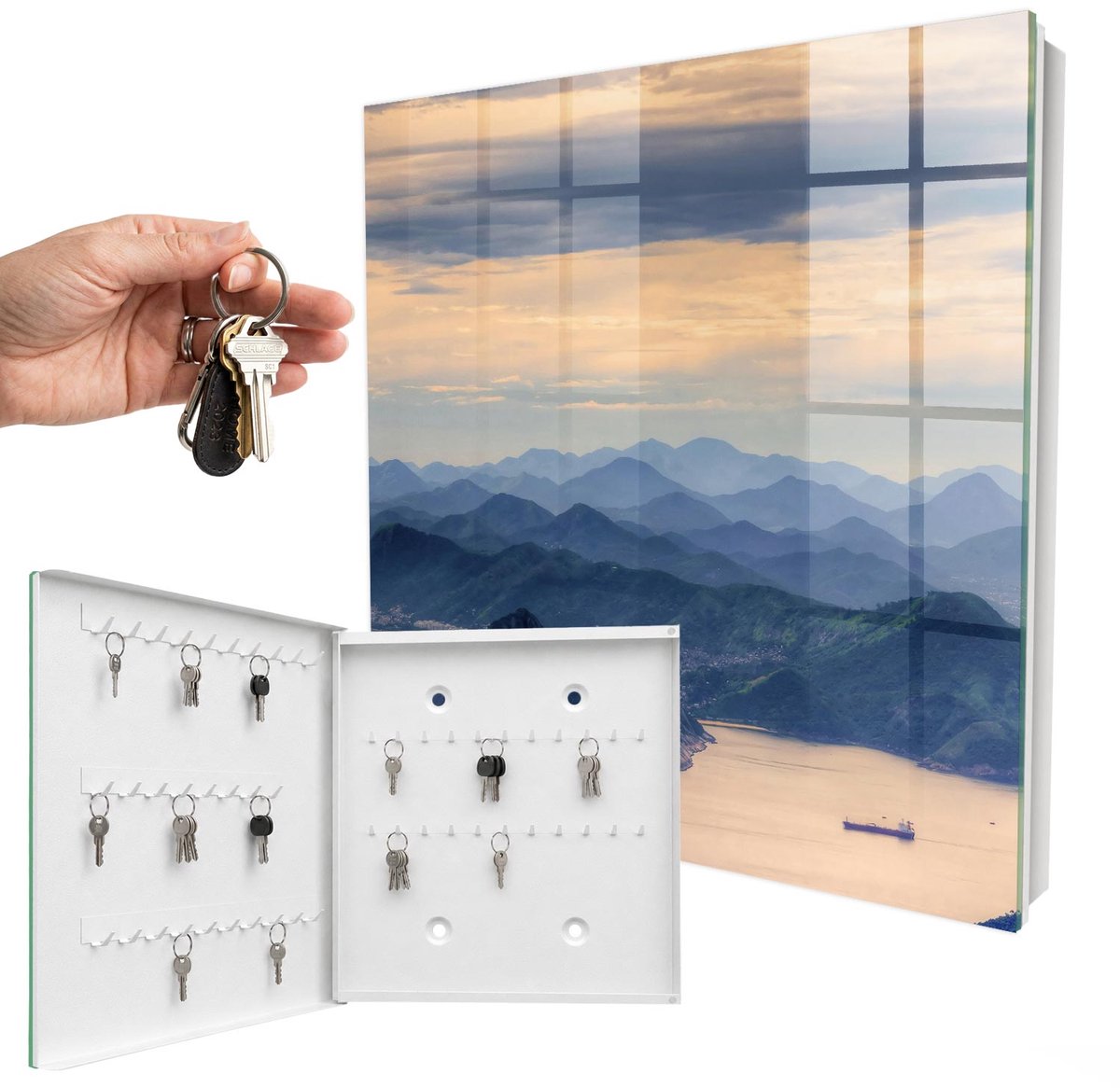 WallMuralia - Sleutelkast - 30x30x5 cm - met 50 haken - Berglandschap Sleutelkastje Landelijk - Blauw Sleutelbox - Linksopenend - Wit interieur