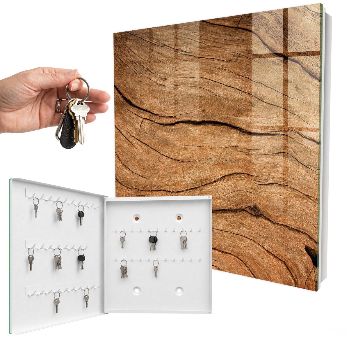 WallMuralia - Sleutelkast - 30x30x5 cm - met 50 haken - Houtstructuur Sleutelkastje Klein - Bruin Sleutelbox - Linksopenend - Wit interieur