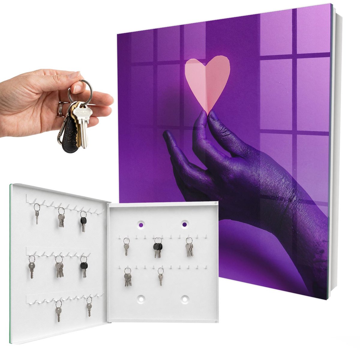 WallMuralia - Sleutelkast - 30x30x5 cm - met 50 haken - Paarse Liefde Sleutelkastje - Paars Sleutelbox - Linksopenend - Wit interieur