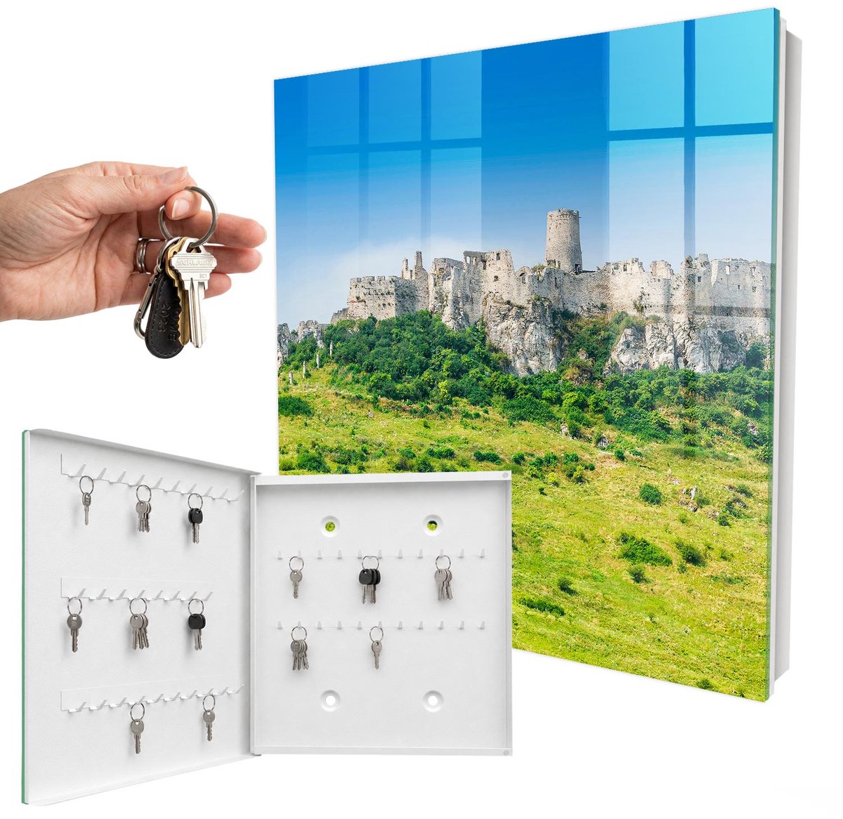WallMuralia - Sleutelkast - 30x30x5 cm - met 50 haken - Stenen Kasteel Sleutelkastje Gang - Blauw Sleutelbox - Linksopenend - Wit interieur