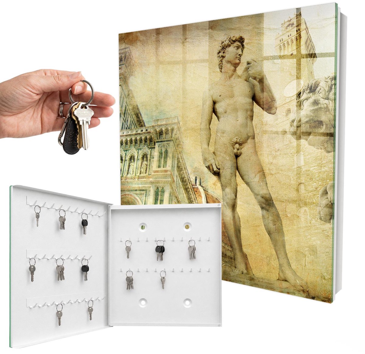 WallMuralia - Sleutelkast - 30x30x5 cm - met 50 haken - Florence Renaissance Leuk Sleutelkastje - Beige Sleutelbox - Linksopenend - Wit interieur