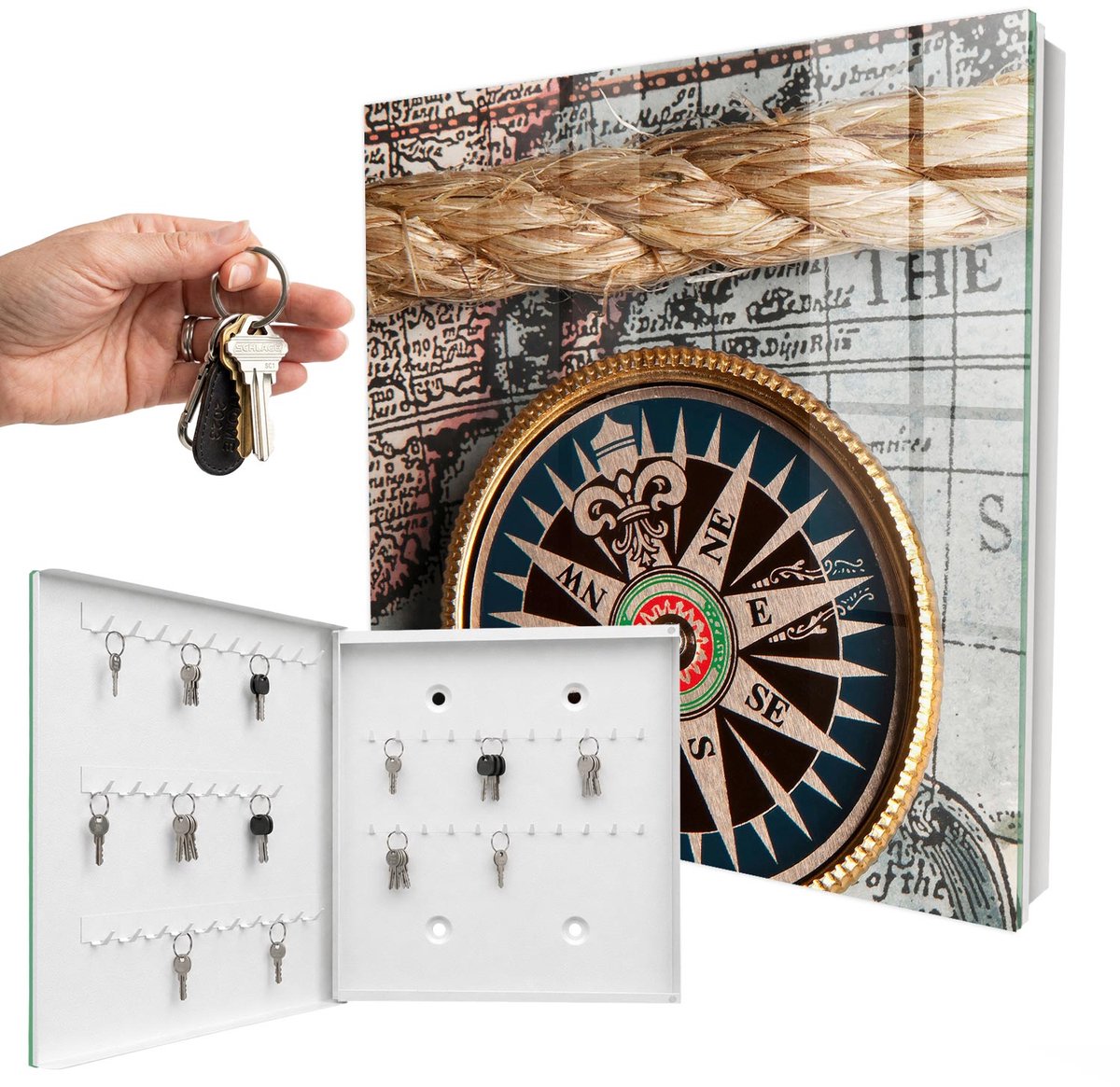 WallMuralia - Sleutelkast - 30x30x5 cm - met 50 haken - Reiskaart Design Sleutelkastje - Bruin Sleutelbox - Linksopenend - Wit interieur