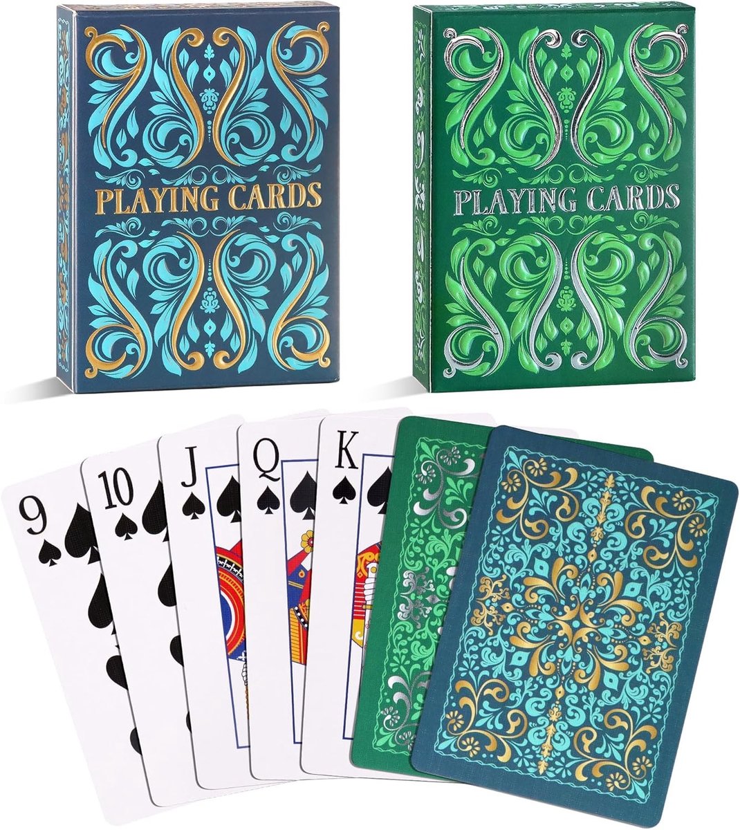 Premium speelkaarten set van 2 stuks, ideaal voor kaartspellen, reizen en feesten, perfect voor volwassenen en gezinnen (blauw-goud + groen-zilver)