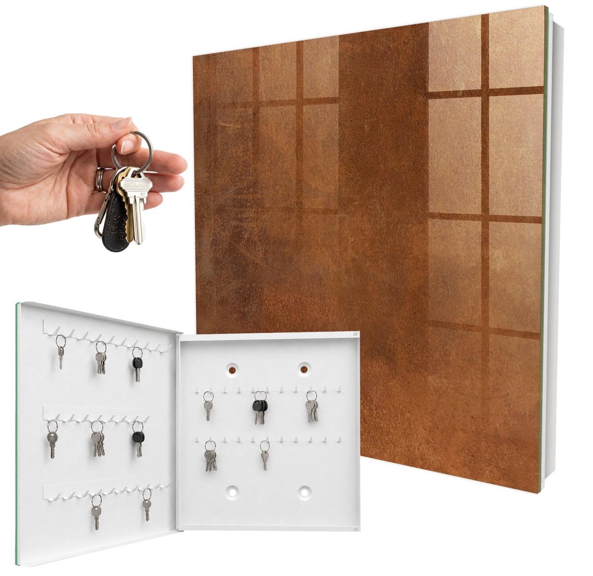 WallMuralia - Sleutelkast - 30x30x5 cm - met 50 haken - Bruine Textuur Sleutelkastje Huis - Bruin Sleutelbox - Linksopenend - Wit interieur