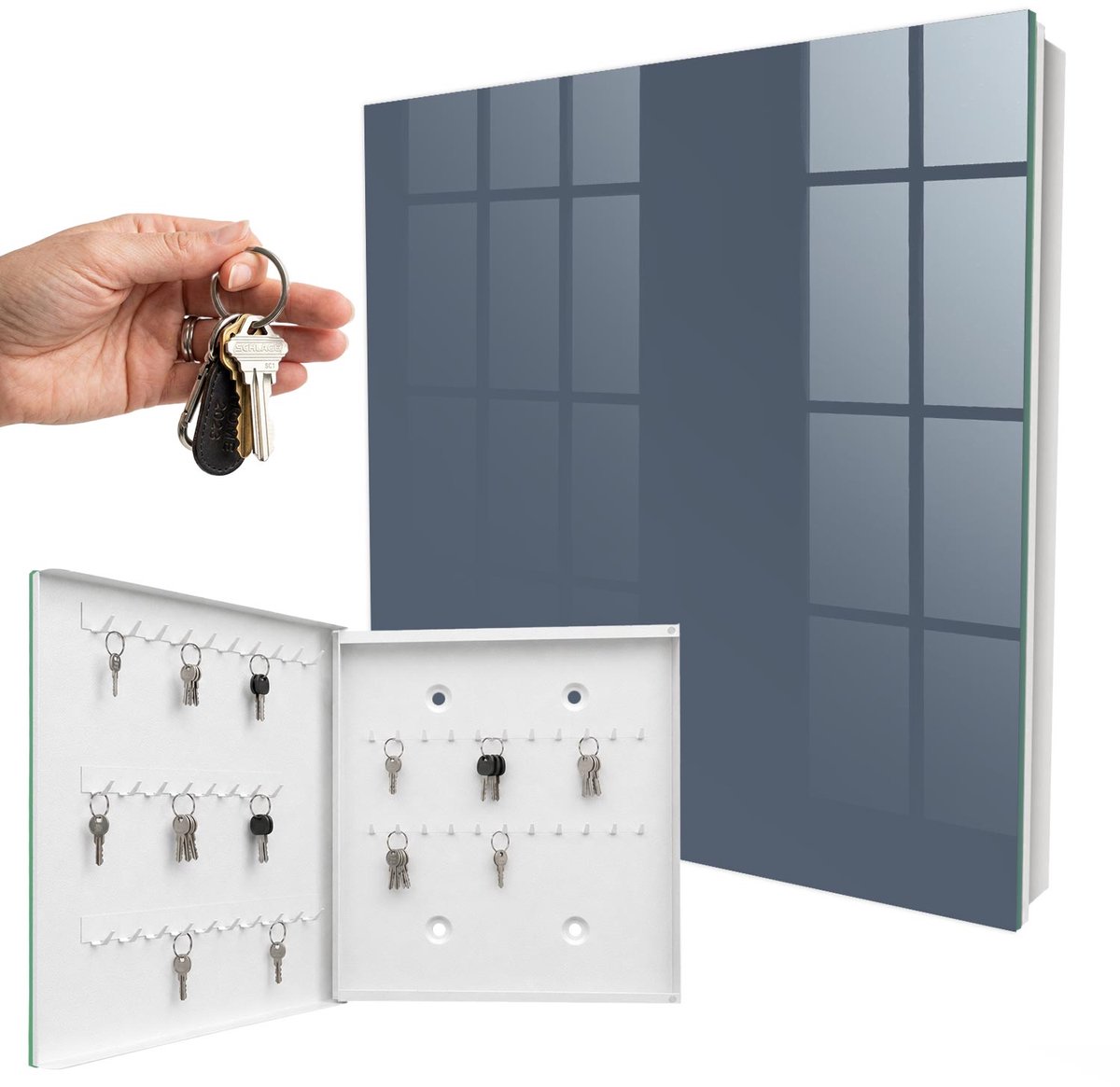 WallMuralia - Sleutelkast - 30x30x5 cm - met 50 haken - Koelgrijs Sleutelkastje Hal - Grijs Sleutelbox - Linksopenend - Wit interieur
