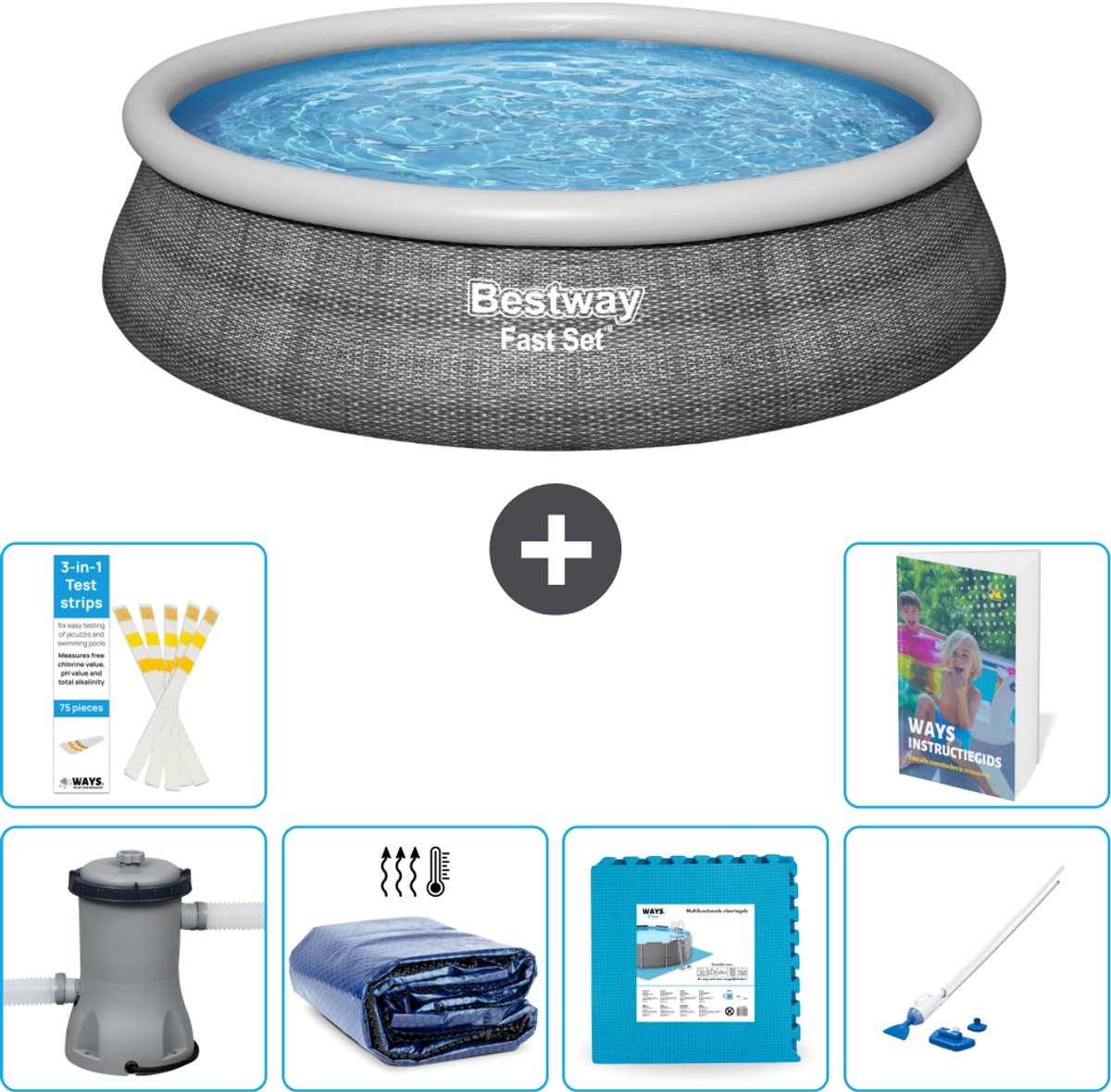 Bestway Rond Opblaasbaar Fast Set Zwembad - Rotanprint - 457 x 84 cm - Inclusief Pomp - Solarzeil - Vloertegels - Stofzuiger - 7-delig