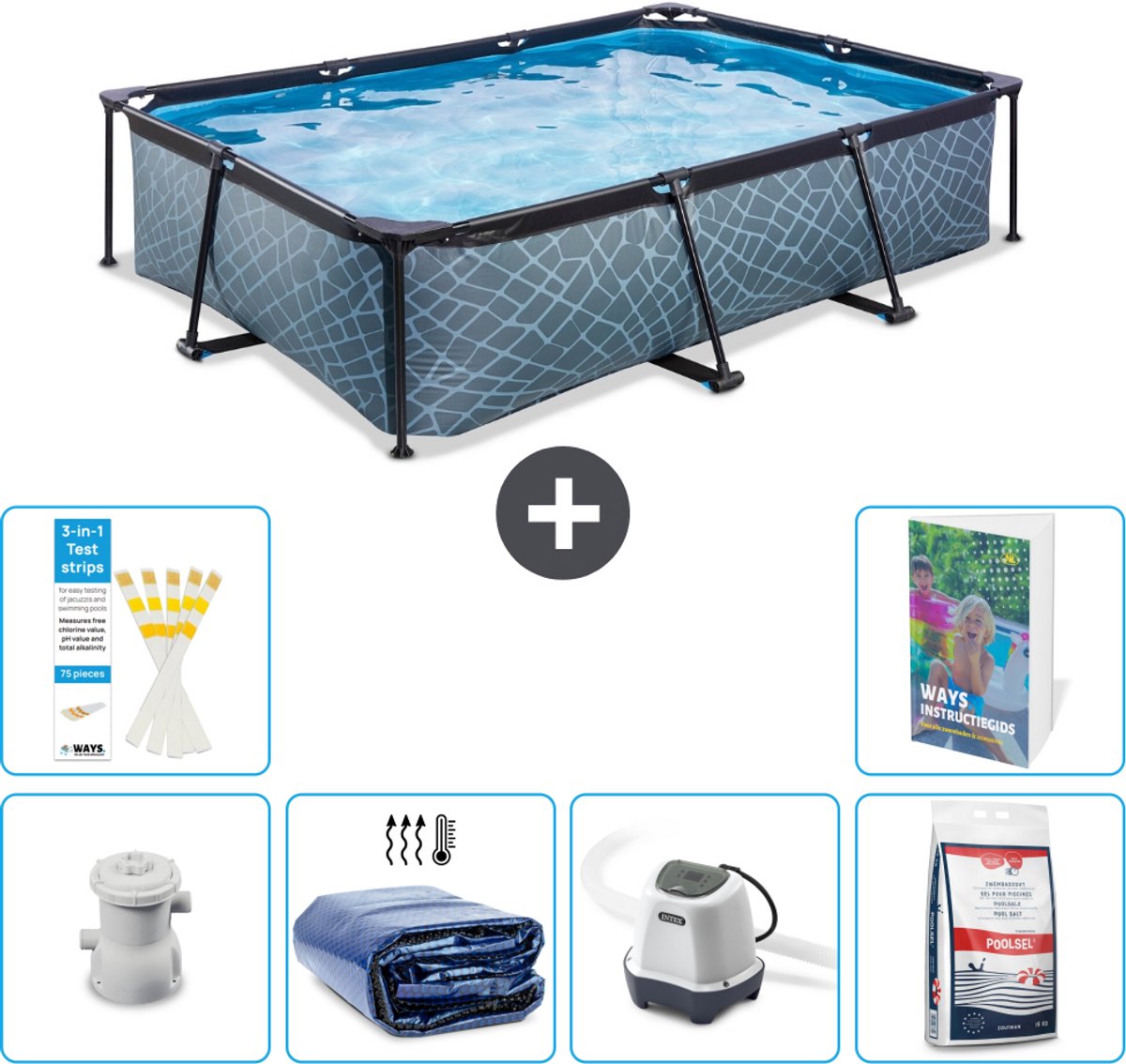 EXIT Rechthoekig Stone Frame Zwembad - 300 x 200 x 65 cm - Inclusief Pomp - Solarzeil - Zoutwatersysteem - Zwembadzout - 7-delig