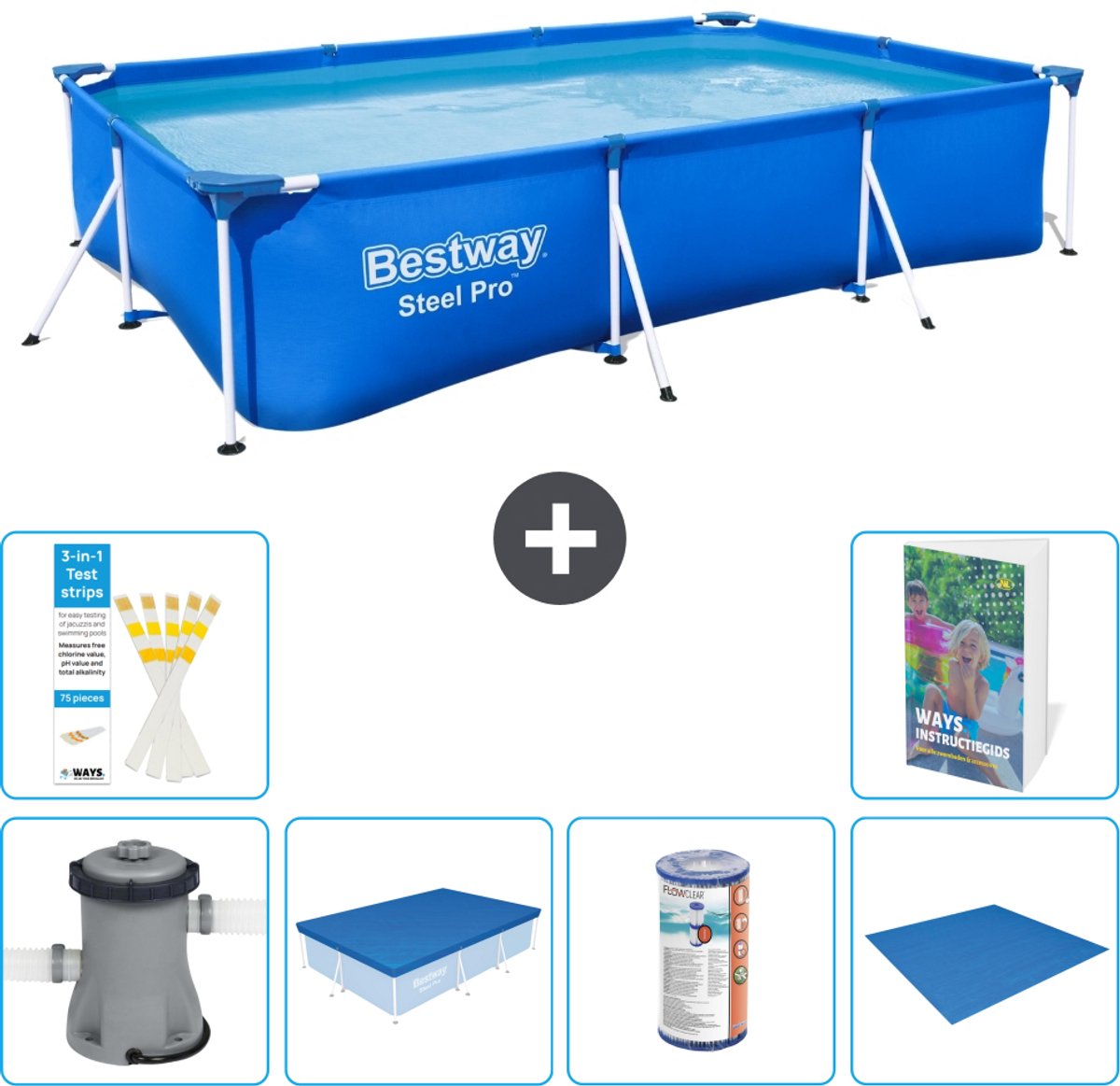 Bestway Rechthoekig Steel Pro Zwembad - 300 x 201 x 66 cm - Blauw - Inclusief Pomp - Afdekzeil - Filter - Grondzeil - 7-delig