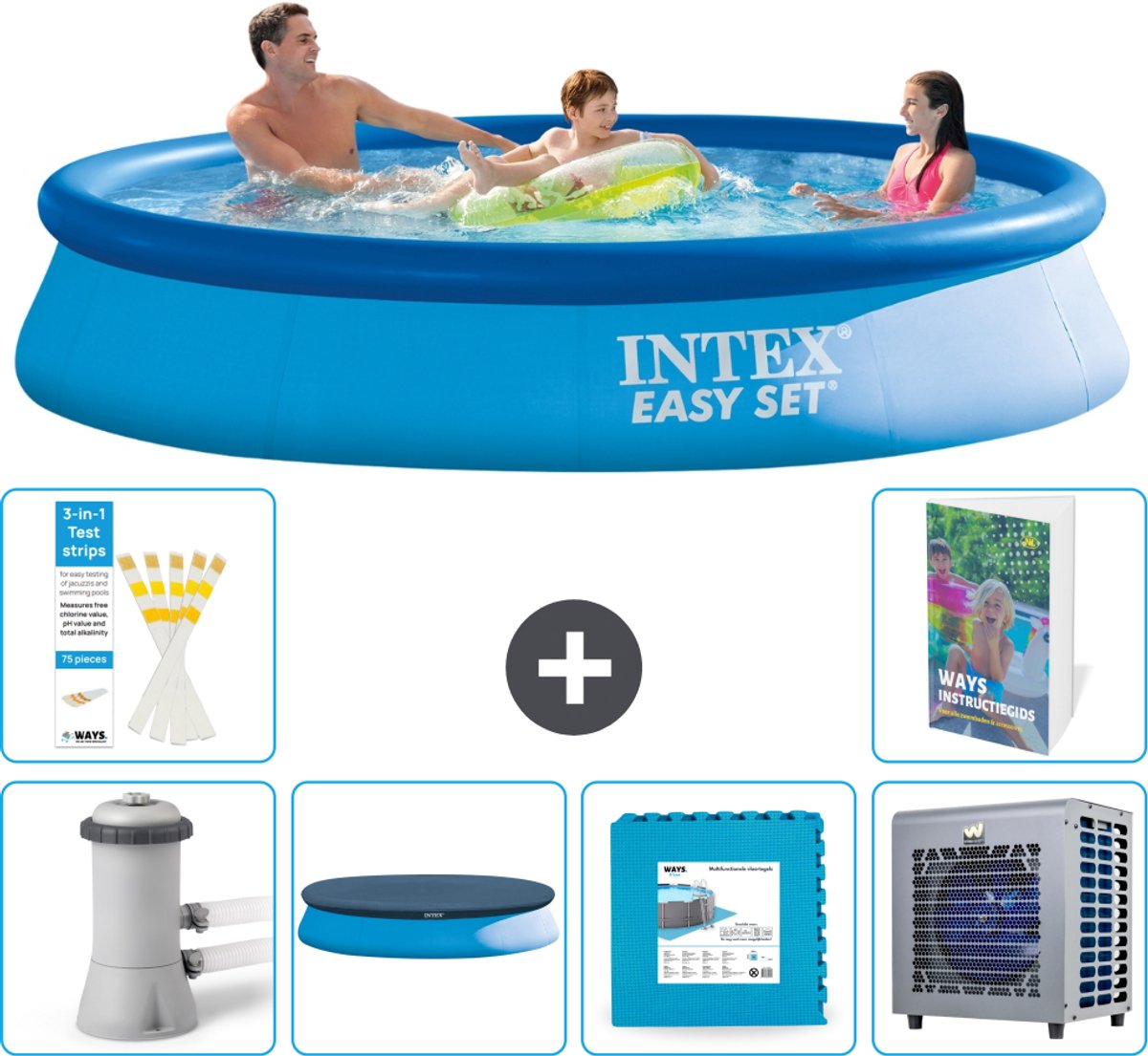 Intex Rond Opblaasbaar Easy Set Zwembad - 366 x 76 cm - Blauw - Inclusief Pomp - Afdekzeil - Vloertegels - Warmtepomp - 7-delig