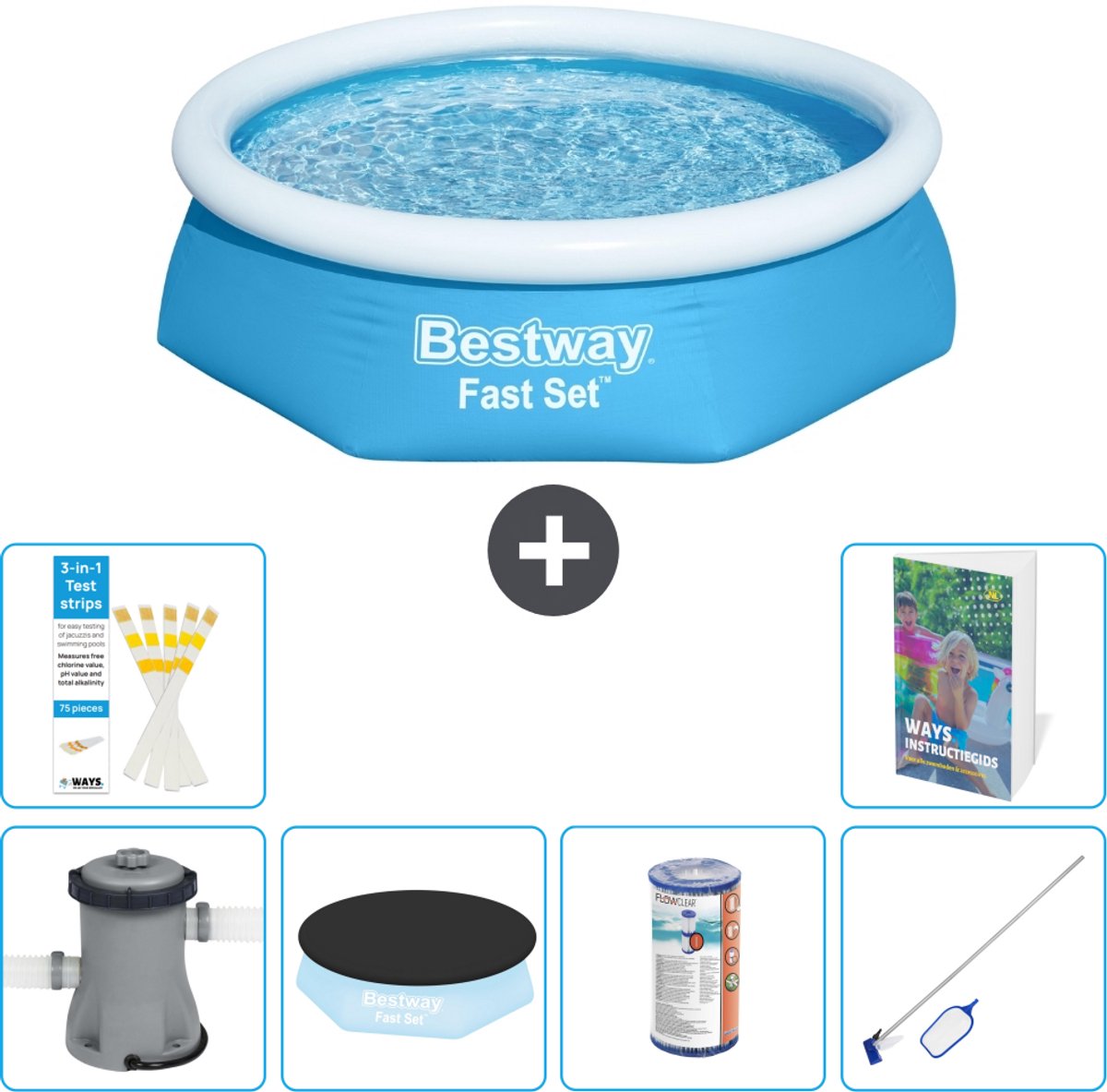 Bestway Rond Opblaasbaar Fast Set Zwembad - 244 x 61 cm - Blauw - Inclusief Pomp - Afdekzeil - Filter - Schoonmaakset - 7-delig