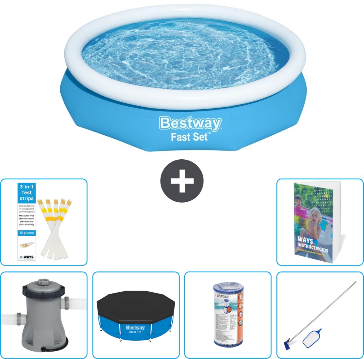 Bestway Rond Opblaasbaar Fast Set Zwembad - 305 x 66 cm - Blauw - Inclusief Pomp - Afdekzeil - Filter - Schoonmaakset - 7-delig