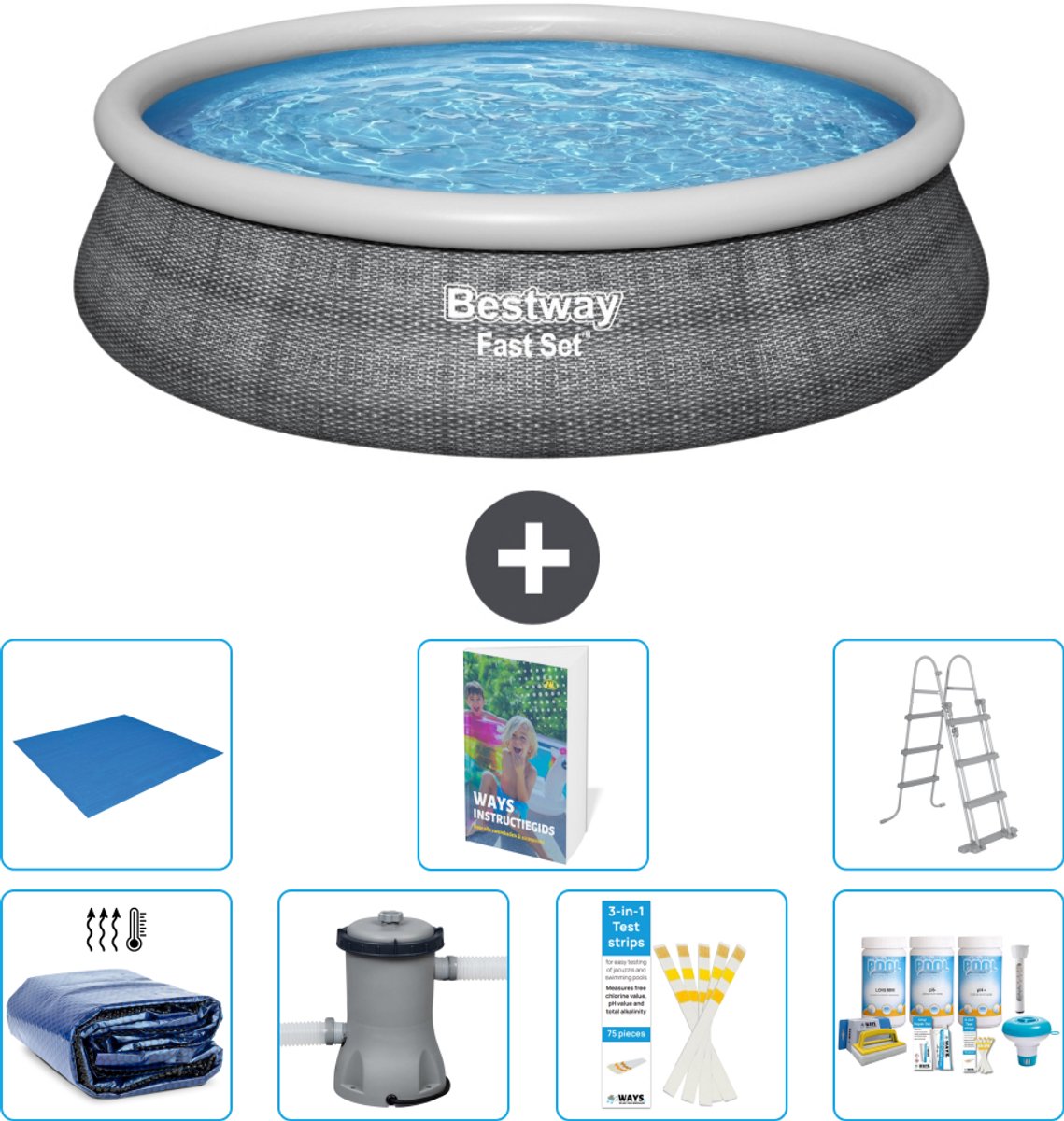 Bestway Rond Opblaasbaar Fast Set Zwembad - Rotanprint - 457 x 107 cm - Inclusief Pomp - Ladder - Onderhoudspakket - Grondzeil - Solarzeil - 8-delig