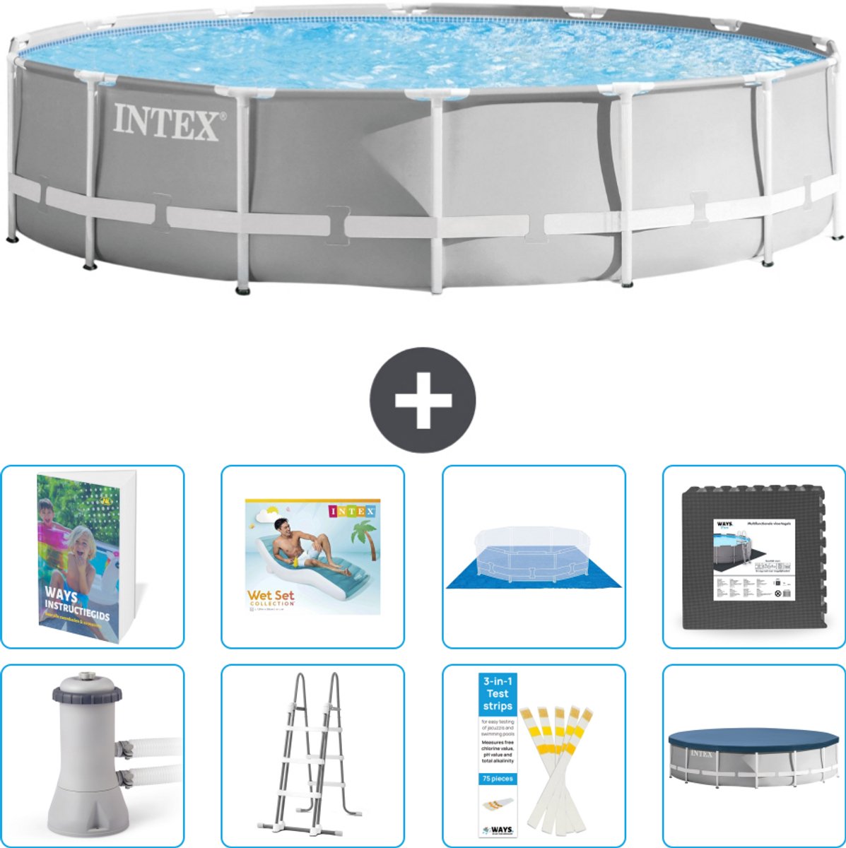 Intex Rond Prism Frame Zwembad - 427 x 107 cm - Grijs - Inclusief Pomp - Ladder - Grondzeil - Afdekzeil - Loungebed - Vloertegels - 9-delig