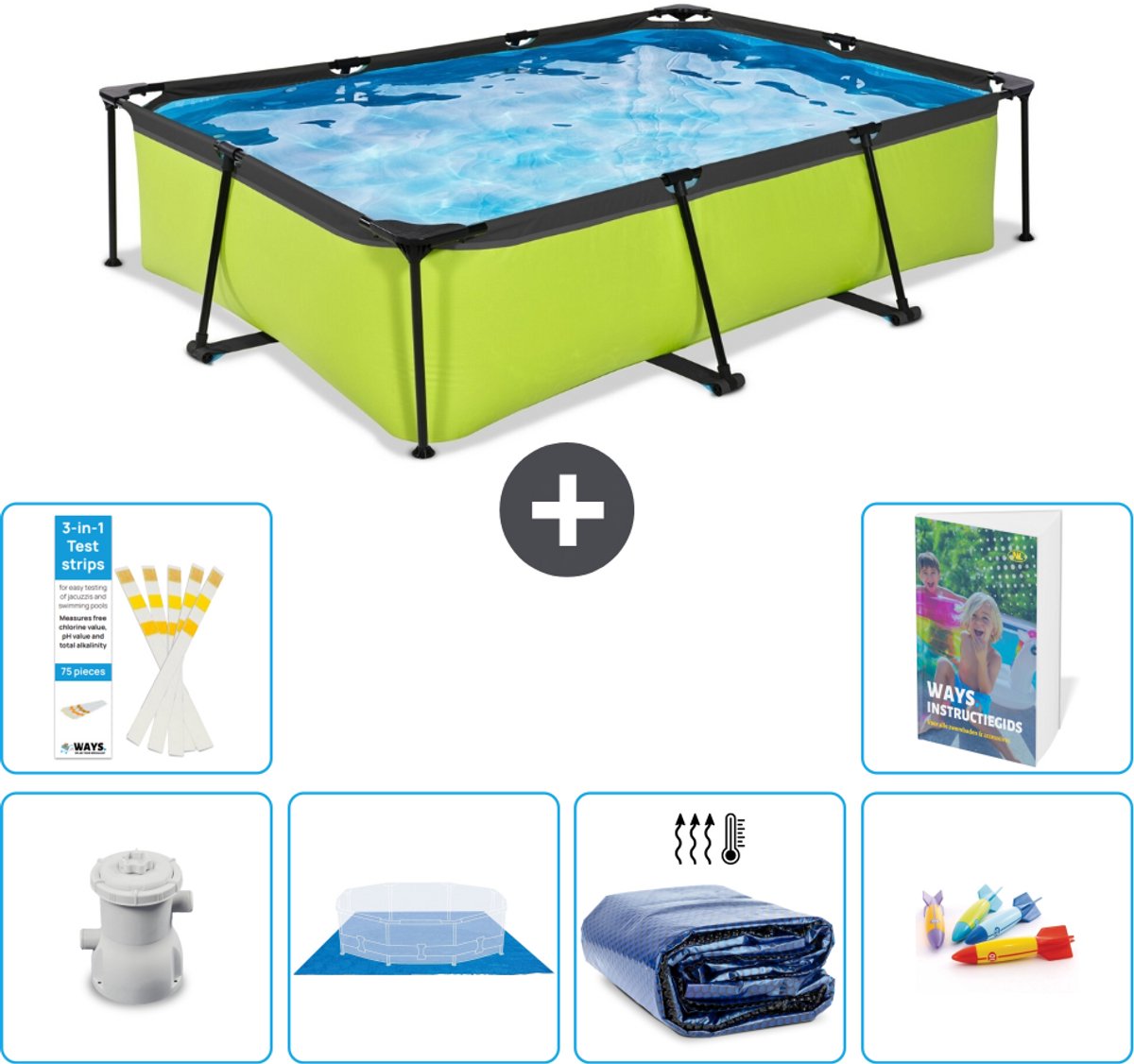 EXIT Rechthoekig Lime Frame Zwembad - 300 x 200 x 65 cm - Inclusief Pomp - Grondzeil - Solarzeil - Speelgoed - 7-delig