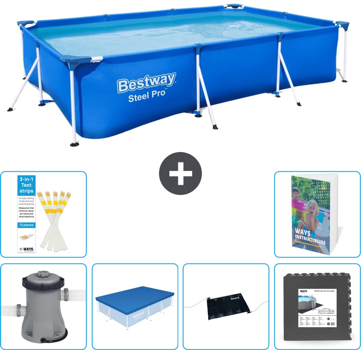 Bestway Rechthoekig Steel Pro Zwembad - 300 x 201 x 66 cm - Blauw - Inclusief Pomp - Afdekzeil - Solar Mat - Vloertegels - 7-delig