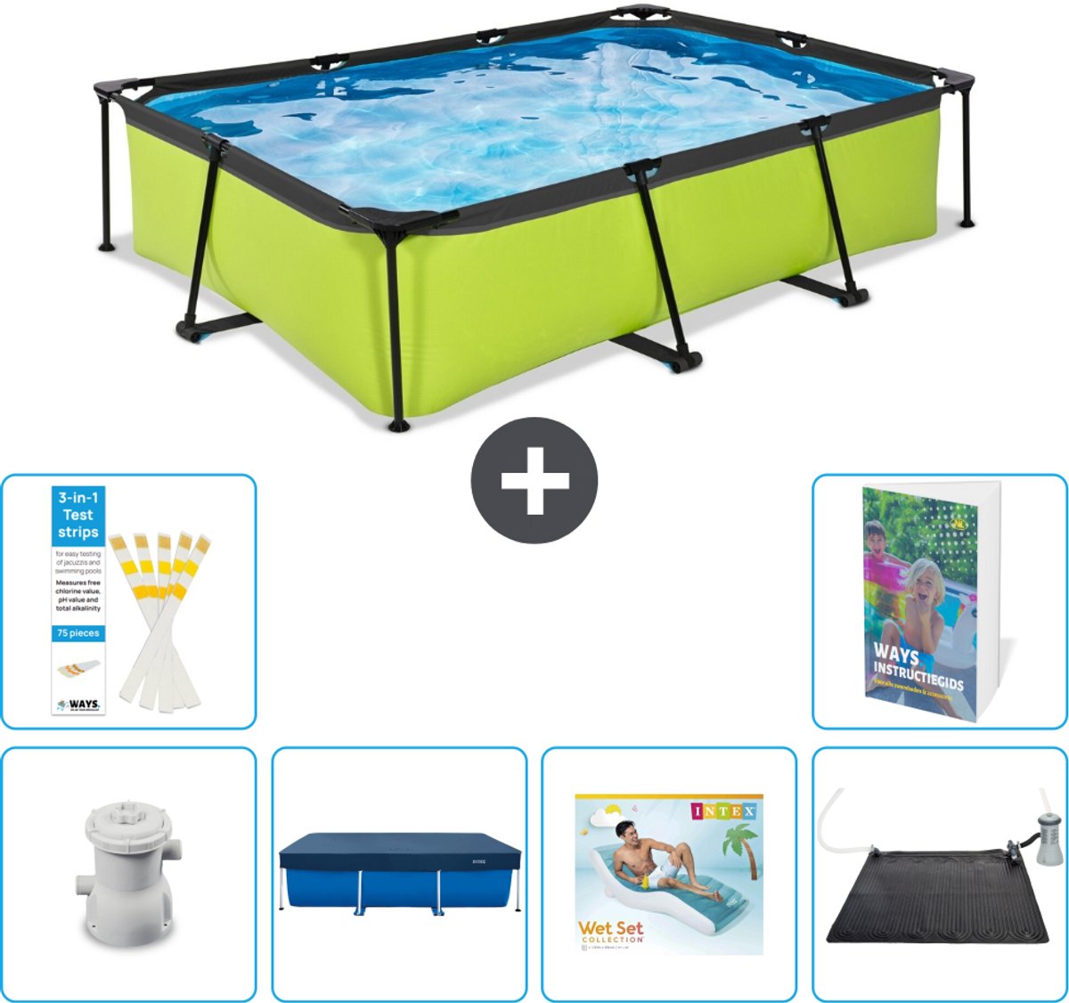 EXIT Rechthoekig Lime Frame Zwembad - 300 x 200 x 65 cm - Inclusief Pomp - Afdekzeil - Loungebed - Solar Mat - 7-delig
