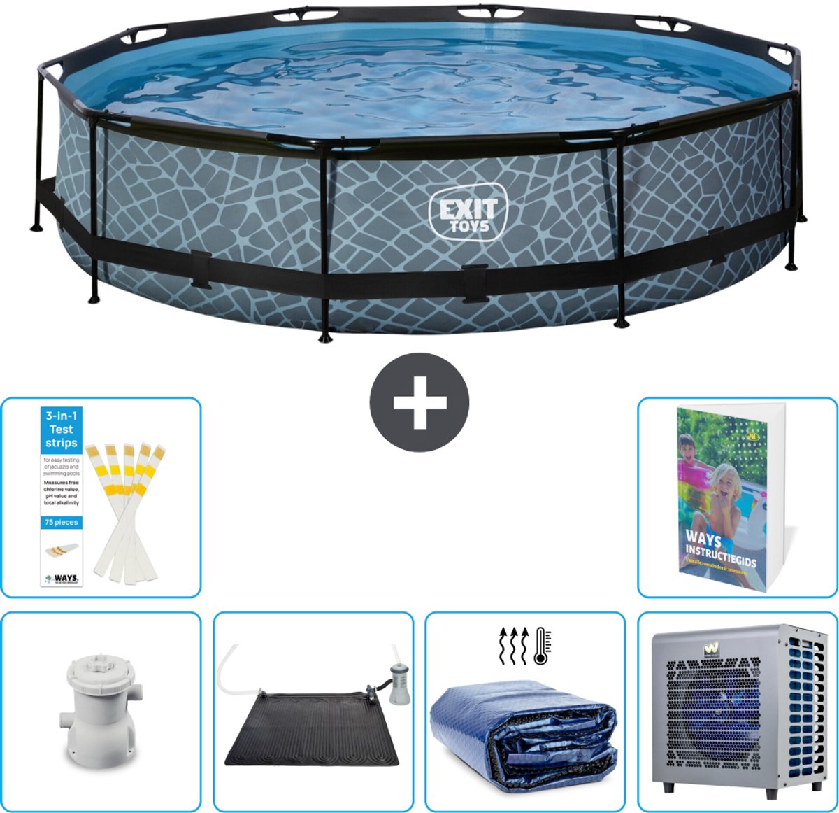 EXIT Rond Stone Frame Zwembad - 360 x 76 cm - Inclusief Pomp - Solar Mat - Solarzeil - Warmtepomp - 7-delig