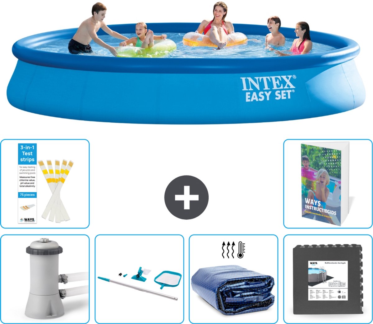 Intex Rond Opblaasbaar Easy Set Zwembad - 457 x 84 cm - Blauw - Inclusief Pomp - Schoonmaakset - Solarzeil - Vloertegels - 7-delig