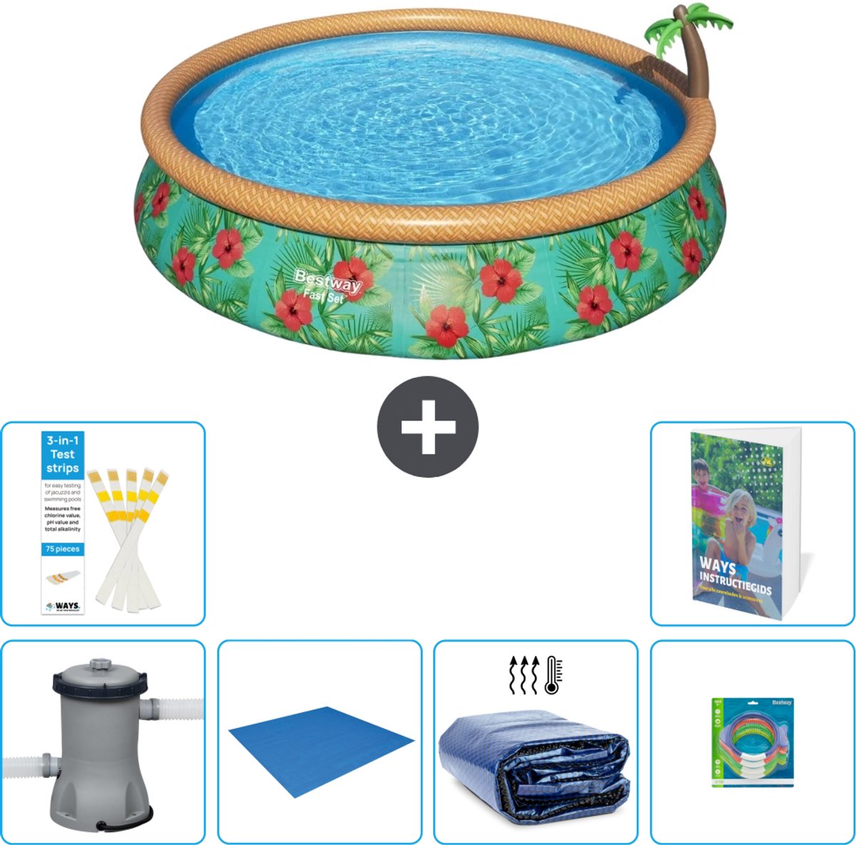 Bestway Rond Opblaasbaar Fast Set Zwembad - Paradijsprint - 457 x 84 cm - Inclusief Pomp - Grondzeil - Solarzeil - Speelgoed - 7-delig
