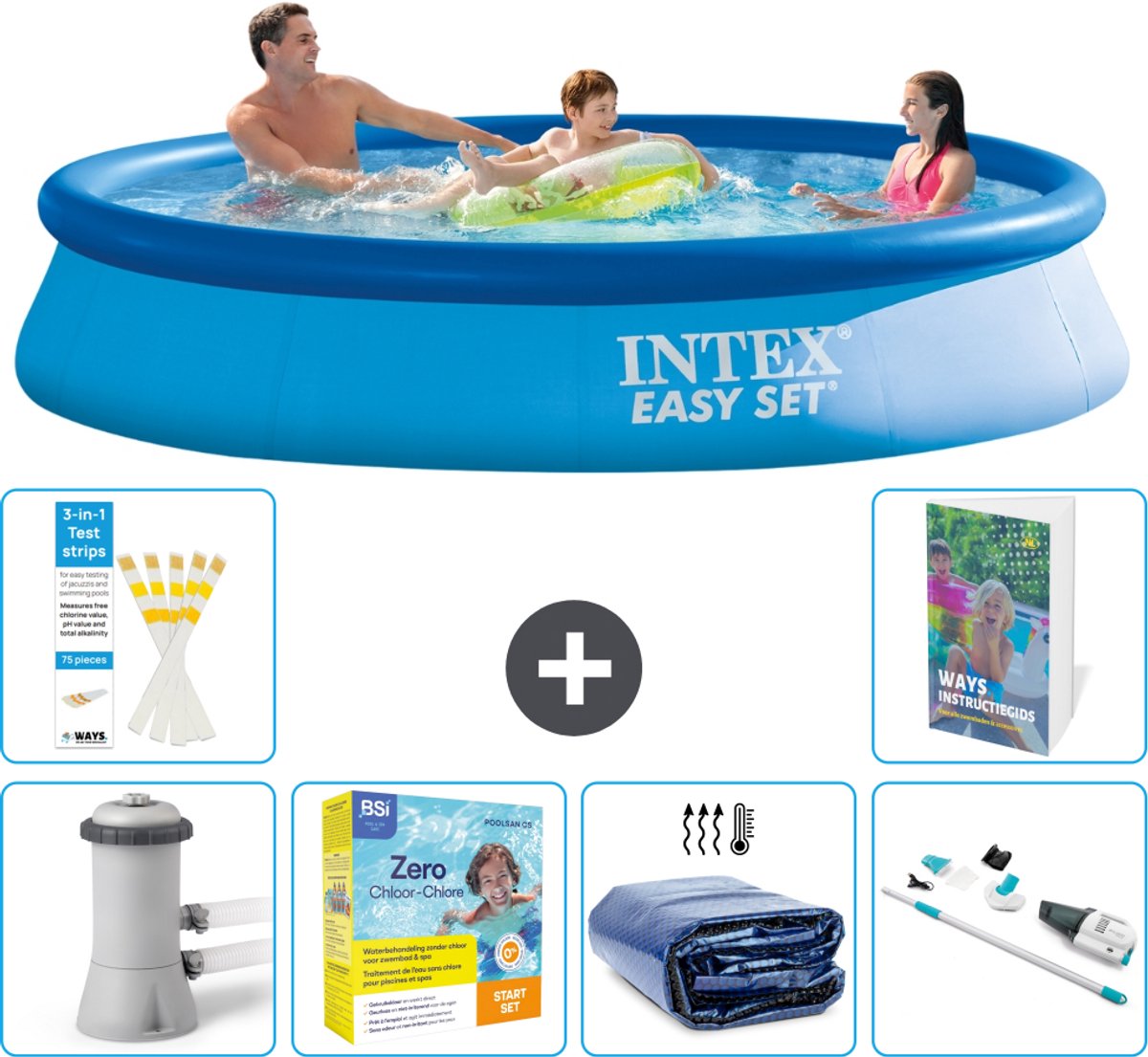 Intex Rond Opblaasbaar Easy Set Zwembad - 366 x 76 cm - Blauw - Inclusief Pomp - Onderhoudspakket - Solarzeil - Stofzuiger - 7-delig