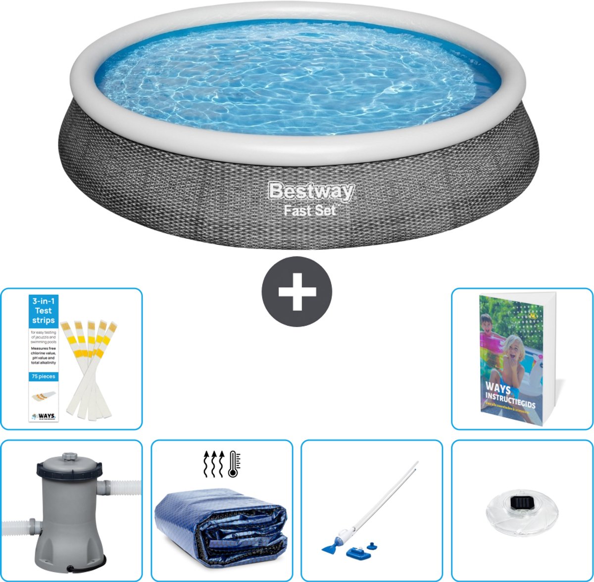 Bestway Rond Opblaasbaar Fast Set Zwembad - Rotanprint - 396 x 84 cm - Inclusief Pomp - Solarzeil - Stofzuiger - Verlichting - 7-delig