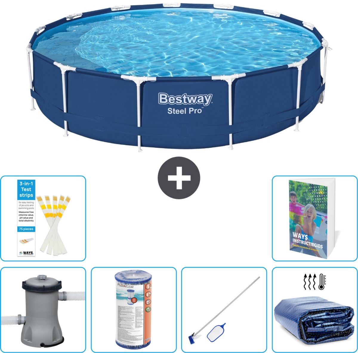 Bestway Rond Steel Pro Zwembad - 396 x 84 cm - Blauw - Inclusief Pomp - Filter - Schoonmaakset - Solarzeil - 7-delig