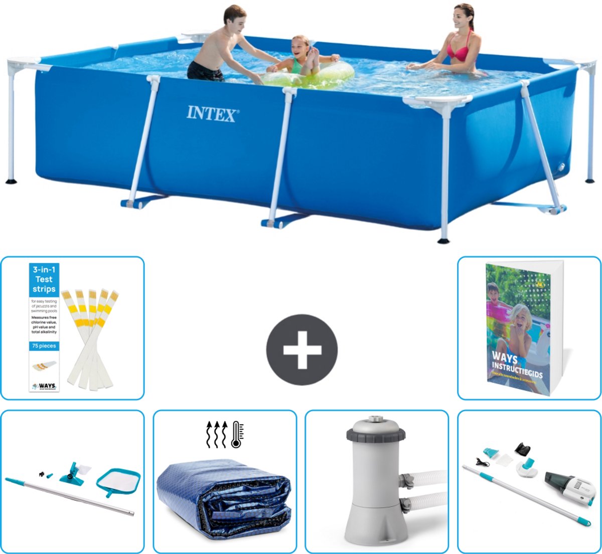 Intex Rechthoekig Frame Zwembad - 300 x 200 x 75 cm - Blauw - Inclusief Schoonmaakset - Solarzeil - Zwembadfilterpomp - Stofzuiger - 7-delig