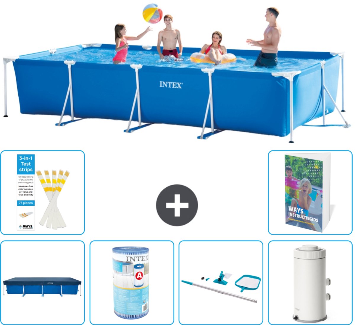 Intex Rechthoekig Frame Zwembad - 450 x 220 x 84 cm - Blauw - Inclusief Afdekzeil - Filter - Schoonmaakset - Zwembadfilterpomp - 7-delig